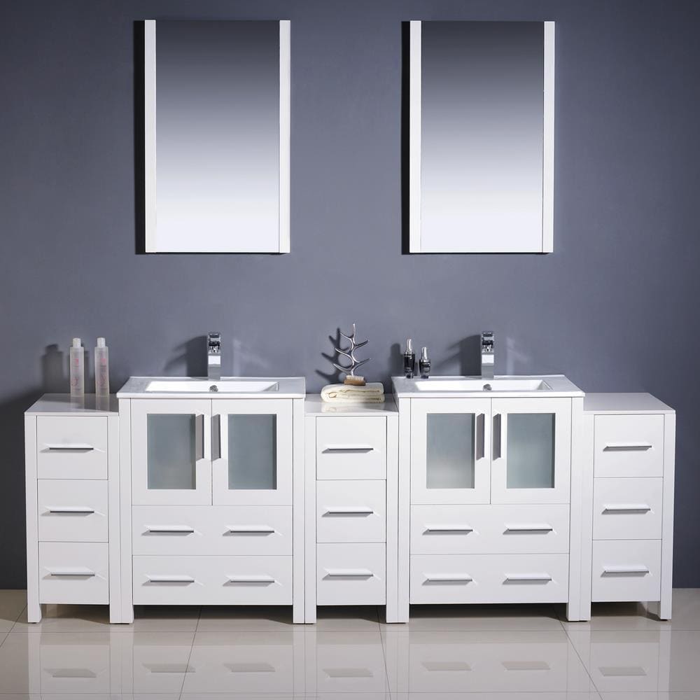 Fresca FVN62-72WH-UNS Torino 84-in White Double sink Bathroom Vanity with White Ceramic Top (Mirror Included)