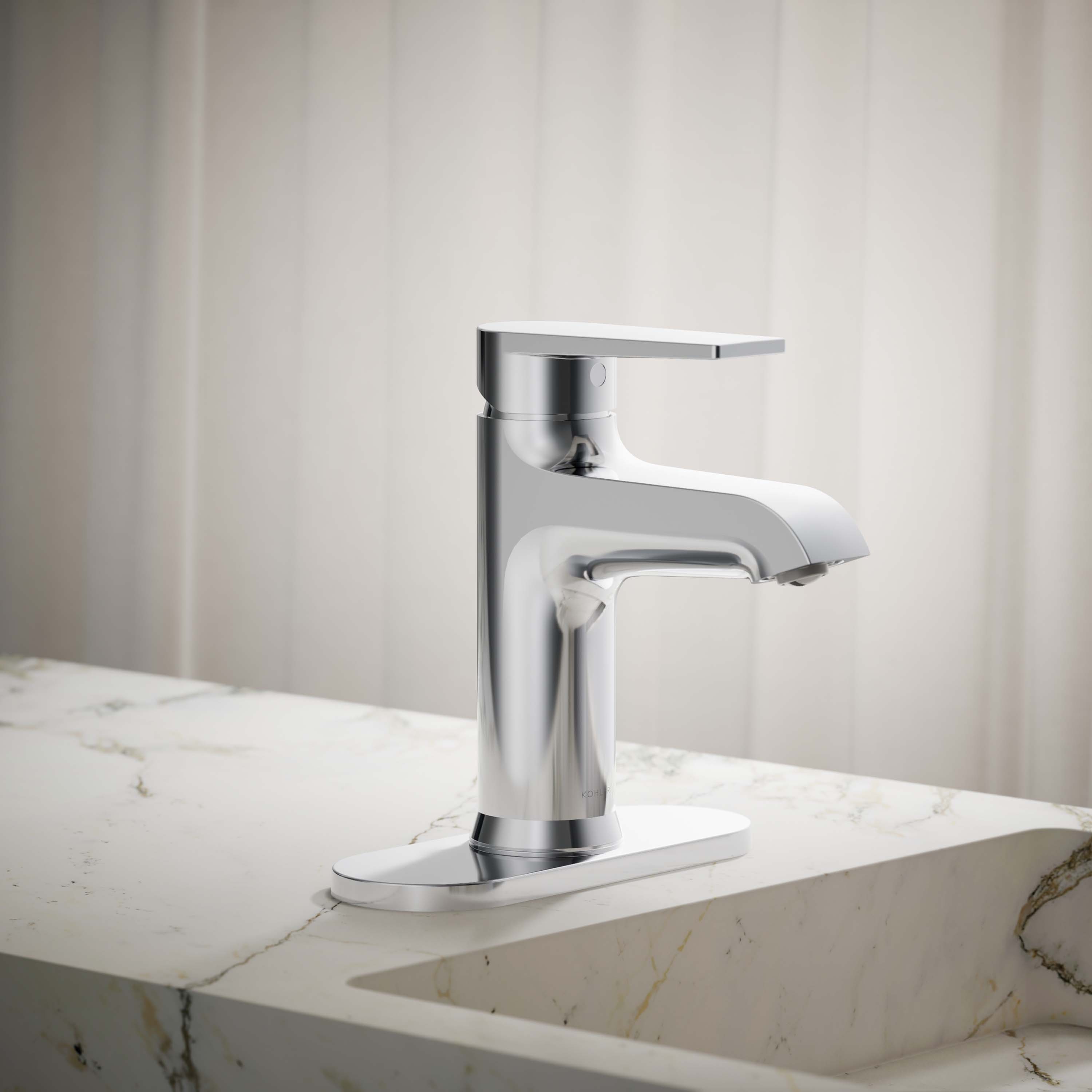 KOHLER K-97061-4-CP Hint Polished Chrome Single hole 1-handle WaterSense Low-arc Commercial/Residential Handle Bathroom Sink Faucet with Drain with Deck Plate
