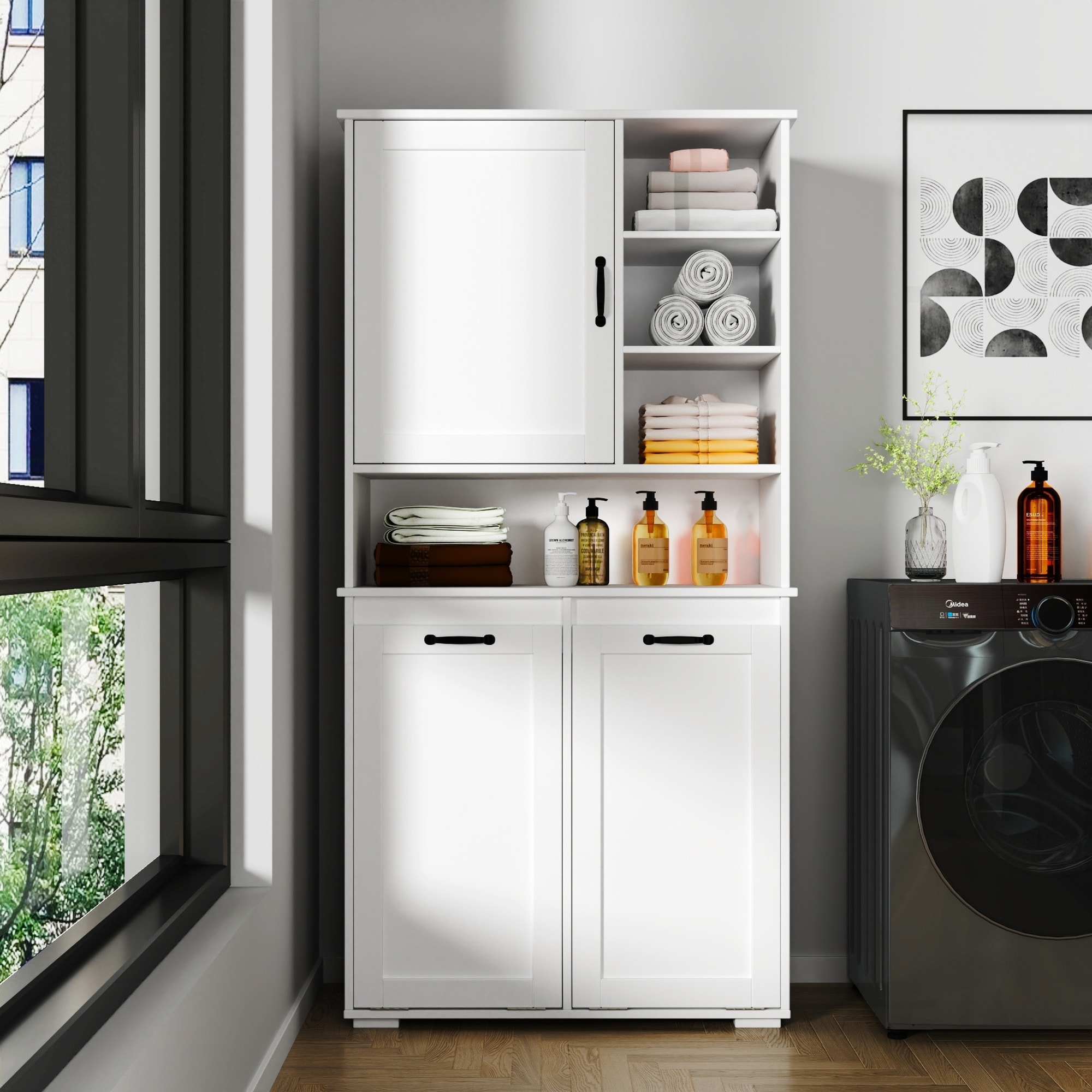 IAK 32 inch x 16 inch x 63 inch White Particle Board and MDF Laundry Cabinet with Doors and Tilt-Out Laundry Hamper