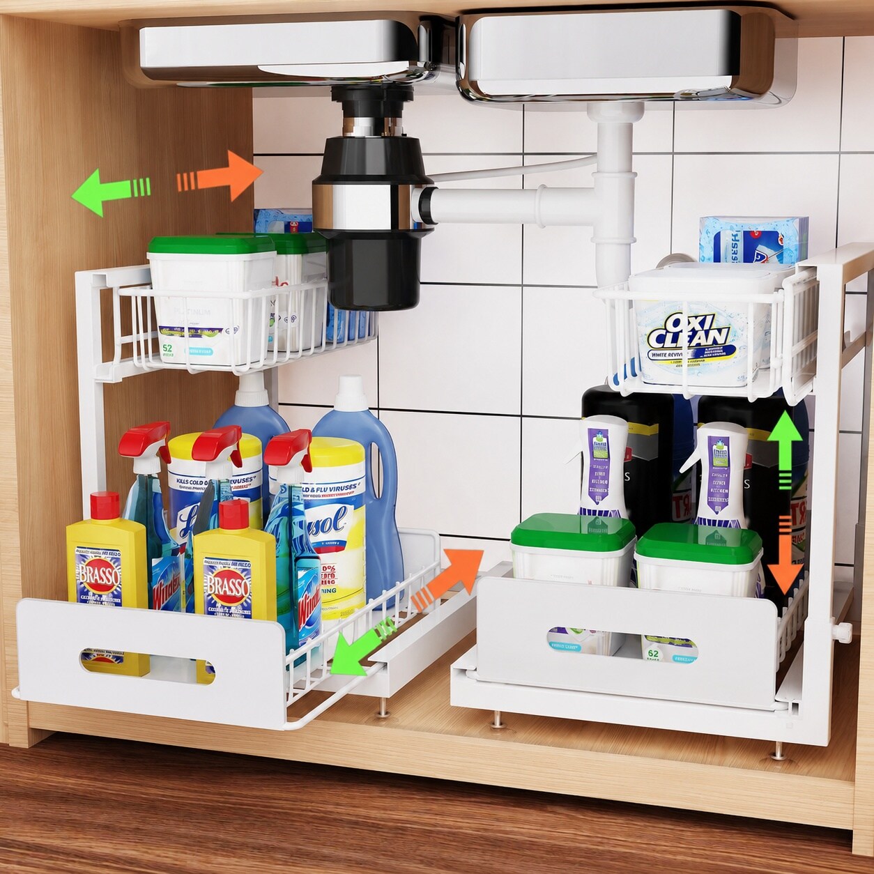 KIWDZFU  Under Sink Organizer 2 Tier Sliding Drawer Adjustable Metal Storage Shelf L Shaped Design for Kitchen Bathroom Cabinet White with