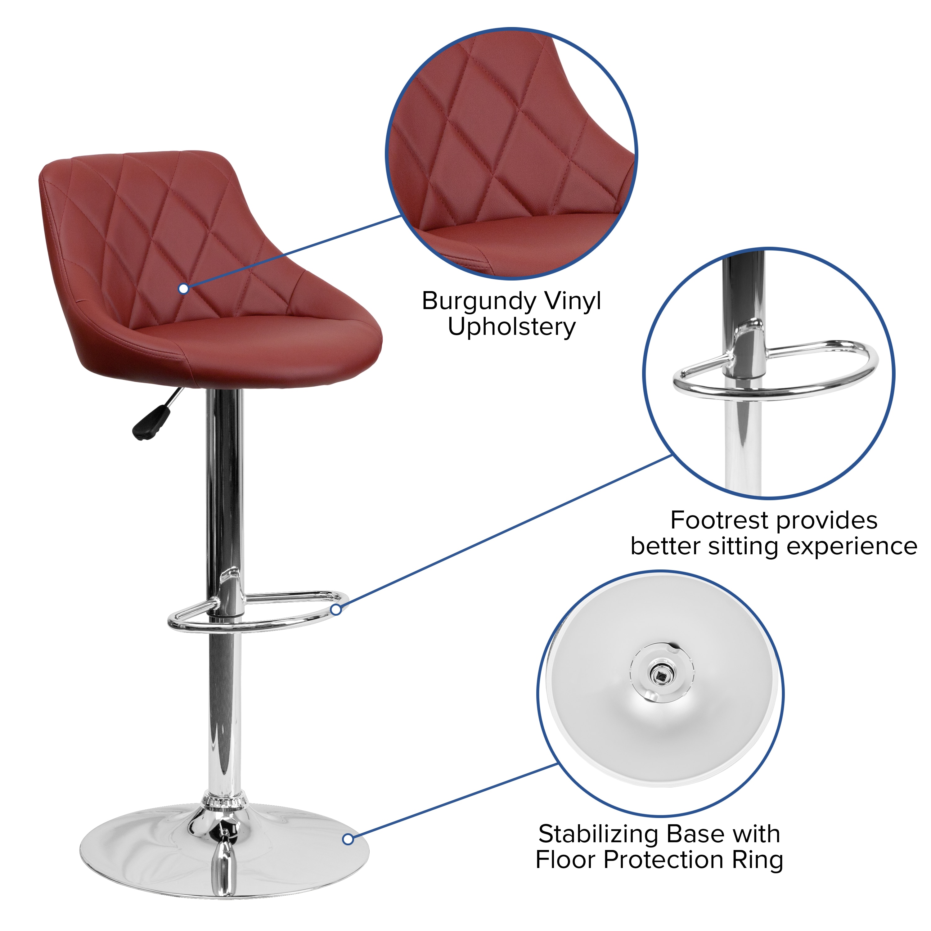 Burgundy Vinyl Adjustable Swivel Barstool with Chrome Base
