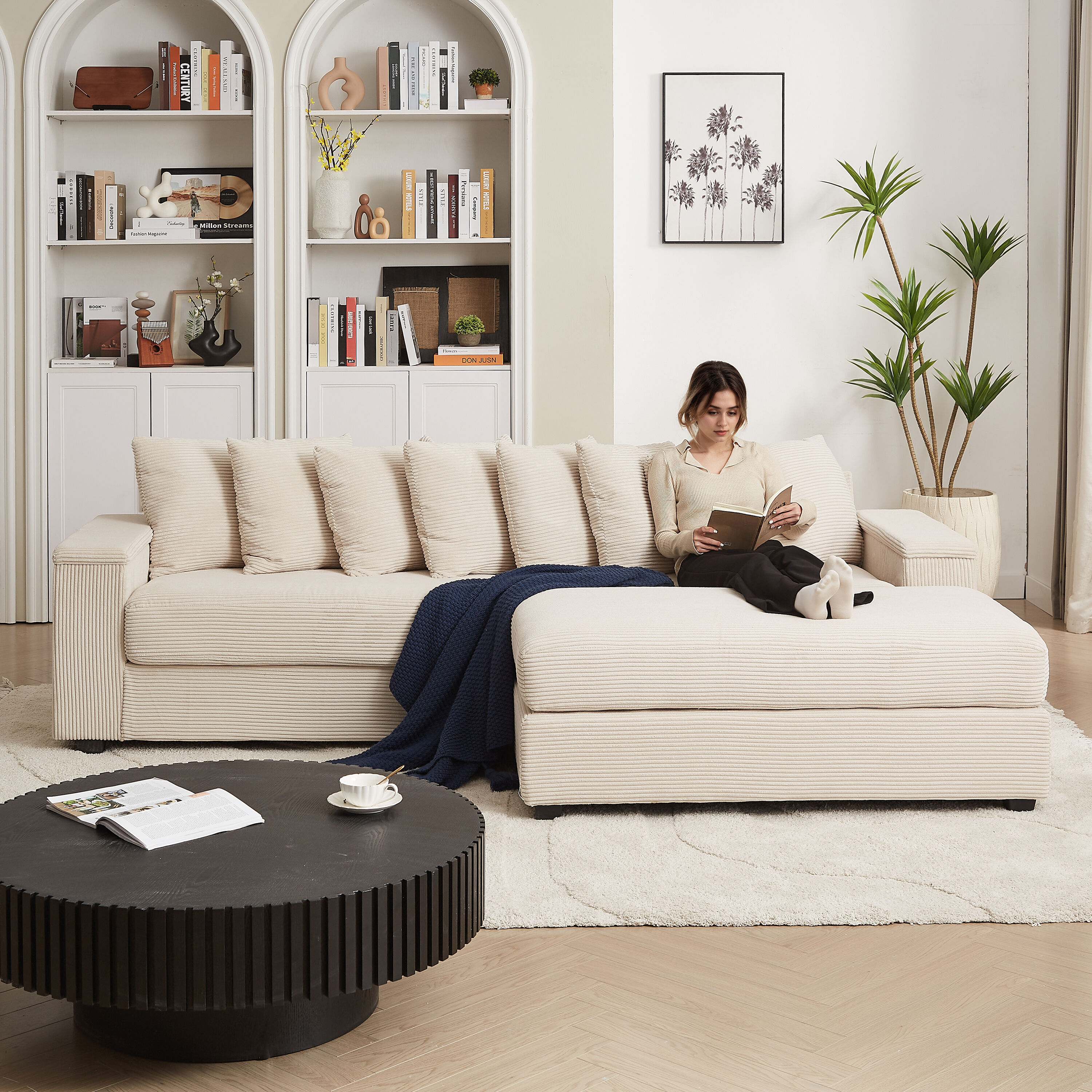 GDFStudio 339384 Peregrine L-Shaped Corduroy Sectional Sofa with Pillows and Armrest Storage