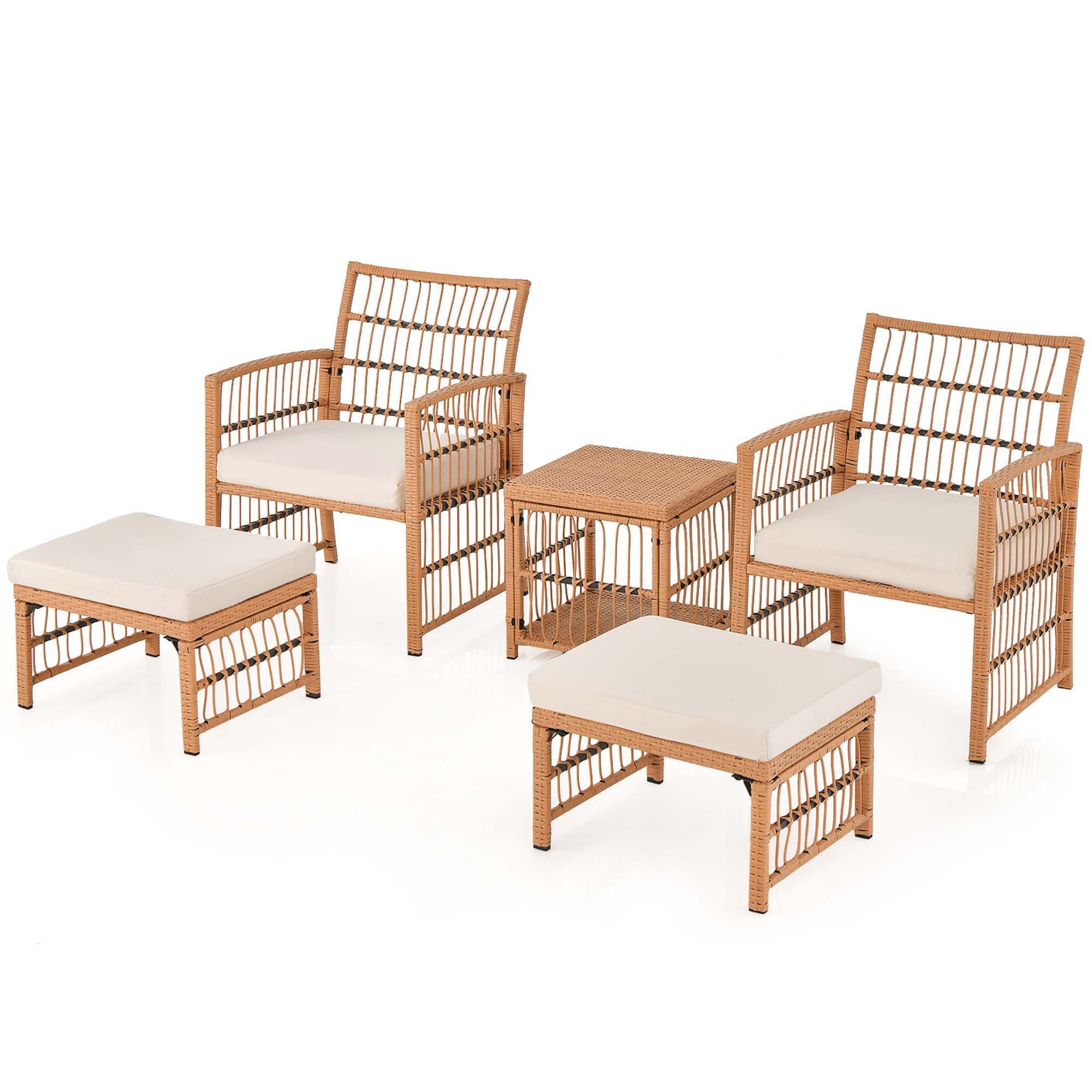 Costway HCST00116 5 -Piece Rattan Patio Conversation Set with Off-white Cushions