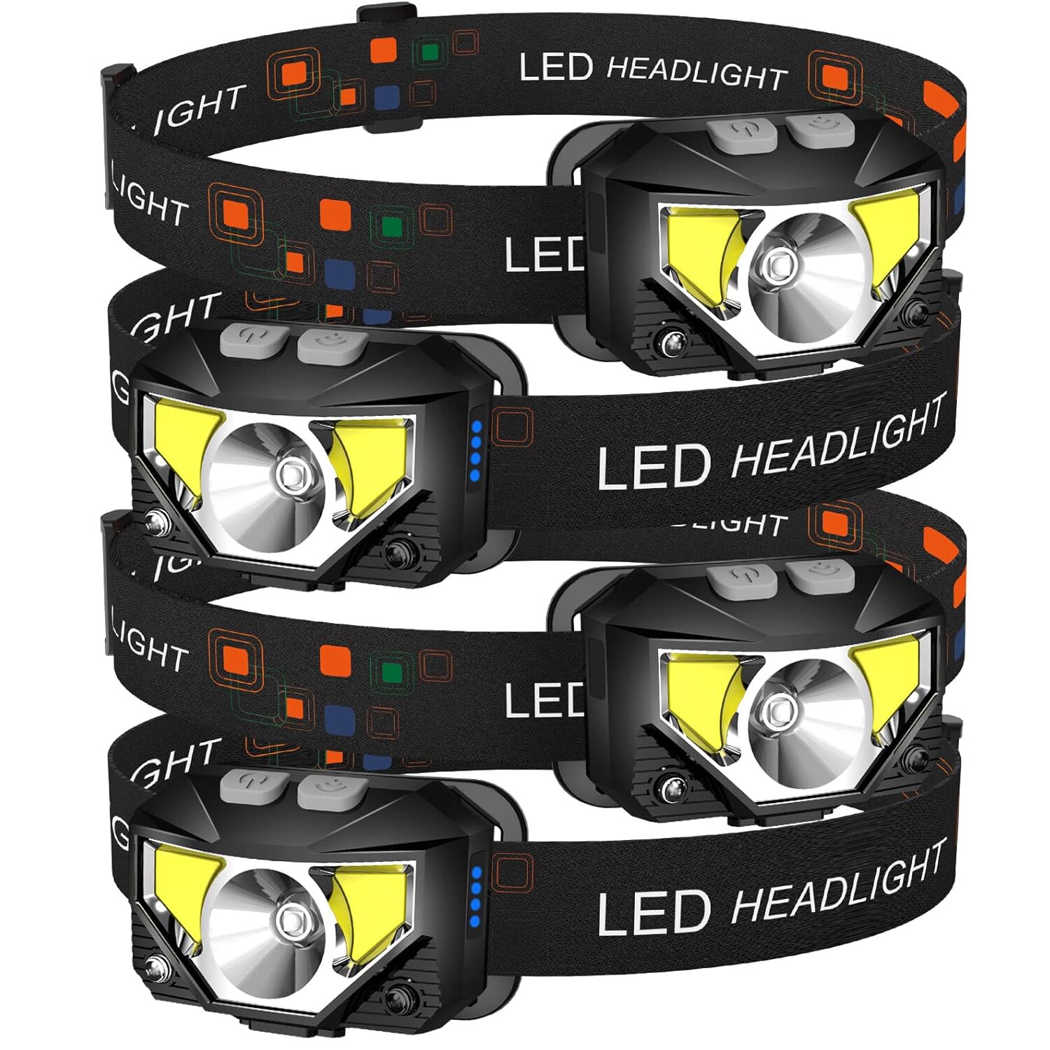 Etokfoks  4 Pack LED Headlamp Flashlight Set Ultra Bright White and Red Light Waterproof Motion Sensor 8 Mode Adjustable Headband Camping