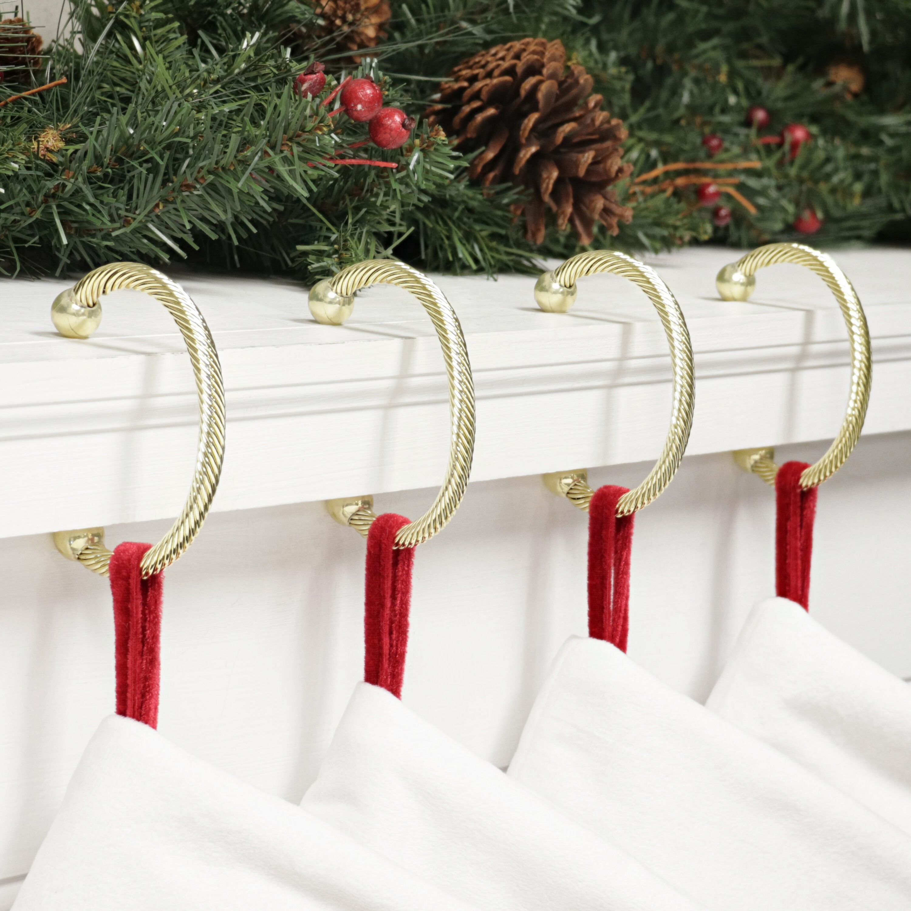Gold Metal Rope Design Mantle Stocking Holder Set