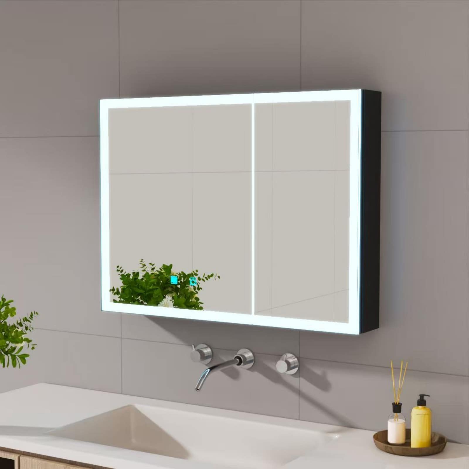 GlasFlength  31.50x23.62 Inch Two Door LED Bathroom Medicine Cabinet Single Color White Light Anti Fog Aluminum Body Easy to Install for Bathroom Vanity  Black
