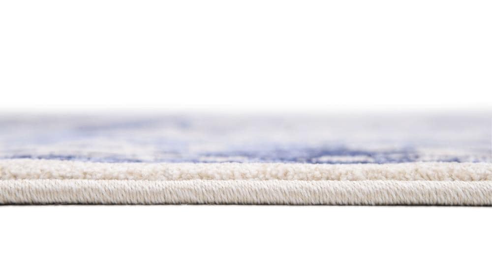 Ivory and Blue Square Stain-Resistant Synthetic Rug, 6' x 6'