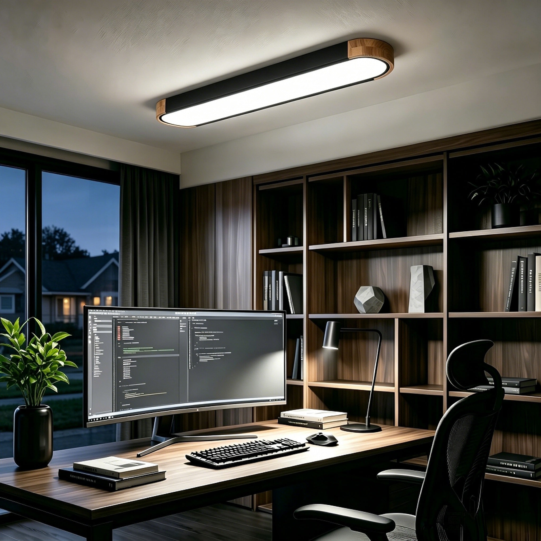 Zicbol 37.4-in Sand Black with natural wood accent Indoor 1 -Light LED Flush Mount Light with Acrylic Shade