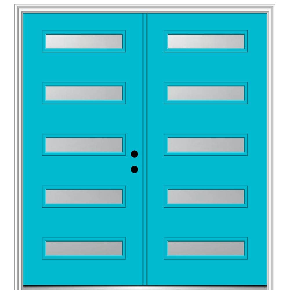 MMI DOOR ZZ350425L Spotlights 72-in x 80-in x 6-9/16-in Fiberglass Pulse lite Left-hand inswing Bahama Blue Painted Prehung Double Front Door with Brickmould Insulating core
