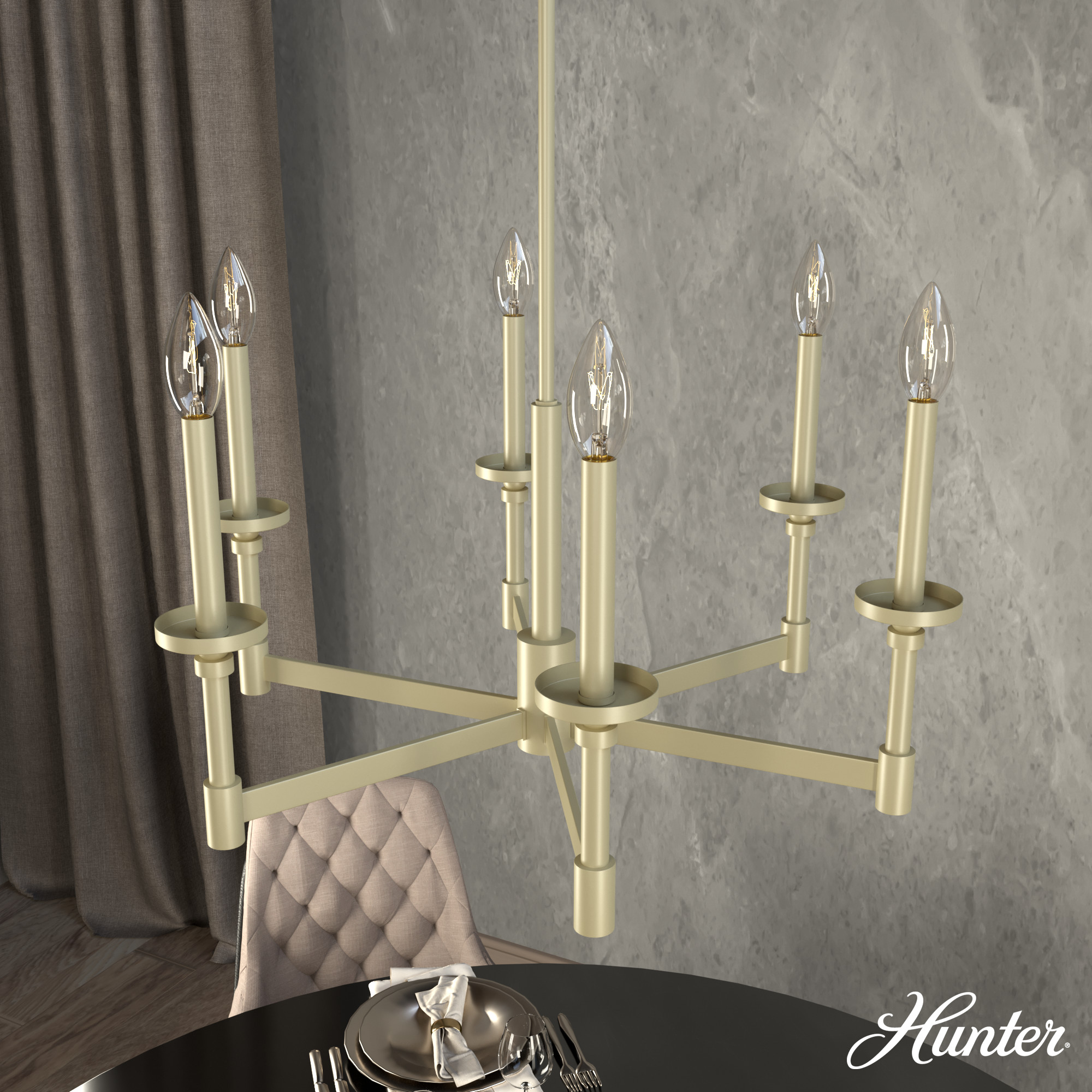Hunter 19701 Briargrove 6 -Light Satin Brass Traditional For Use in Bedrooms, Dining Rooms, Foyers, Kitchens, Living Rooms Chandelier