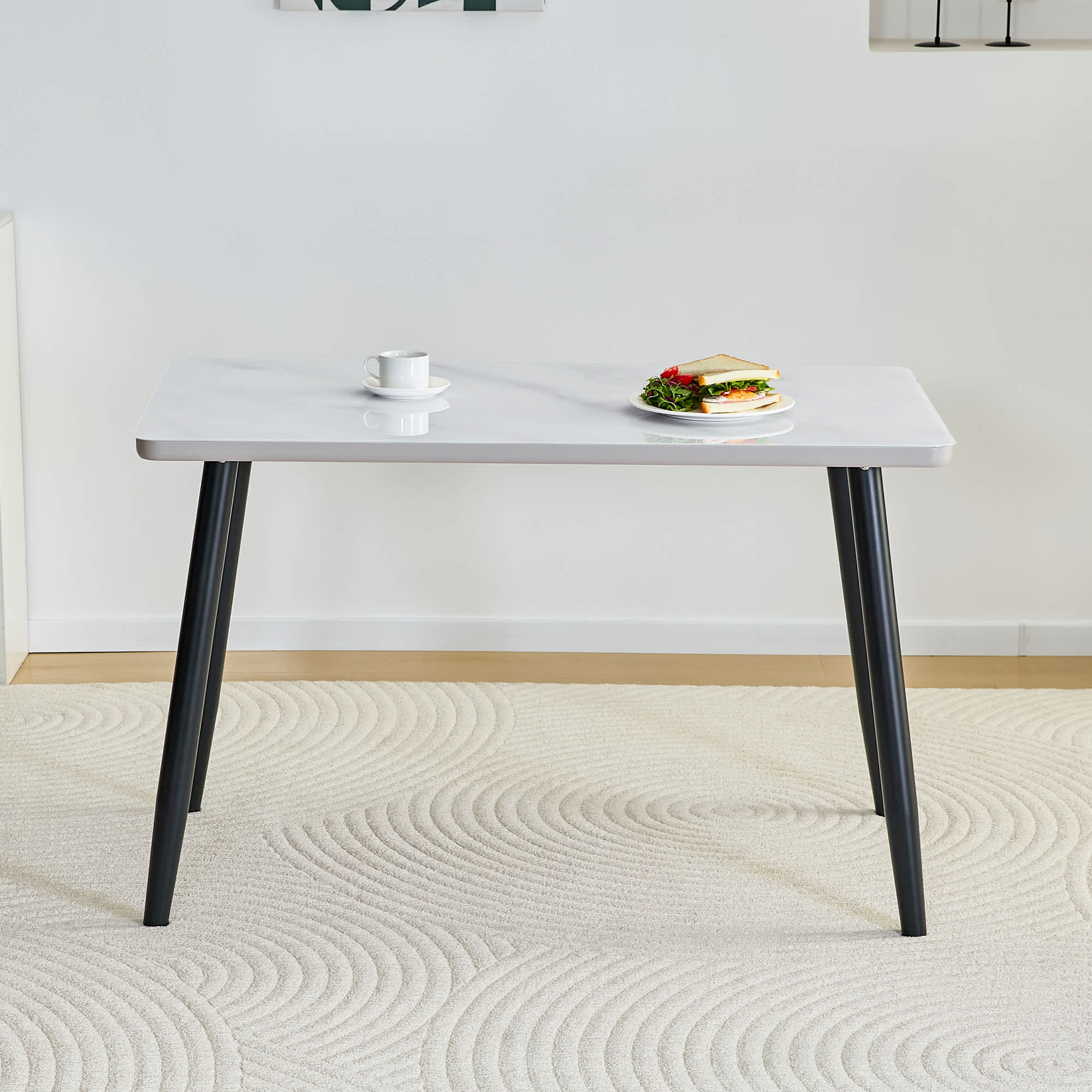 Vynxaria -  Modern Minimalist Rectangular Dining Table Imitation Marble Tempered Glass Top Black ...