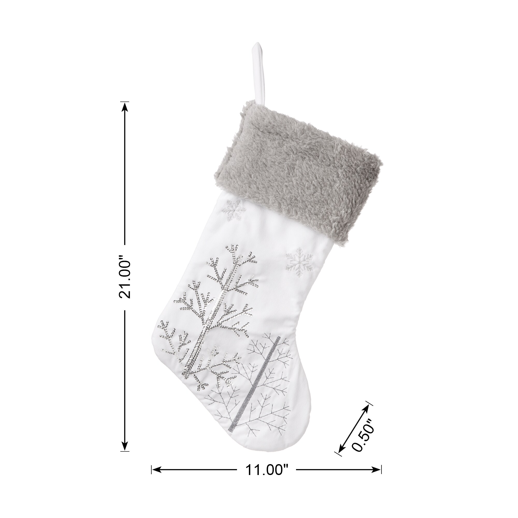 21 Inch White Velveteen Stocking With Silver Snowflakes