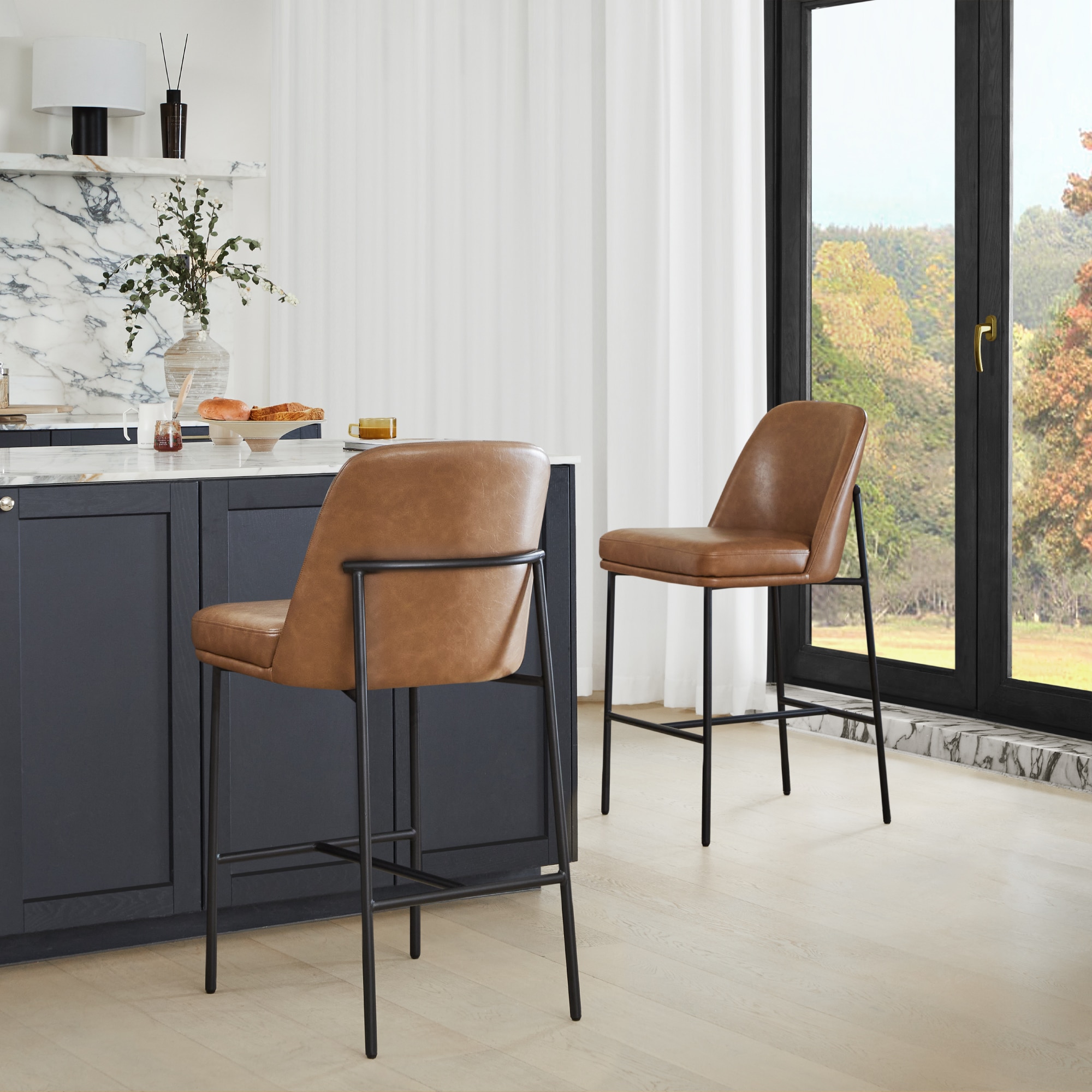Circle 55 LWSY2018-PU6030 2 -Set Saddle Brown 27-in H Counter height Square seat Upholstered Metal Bar Stool and Back