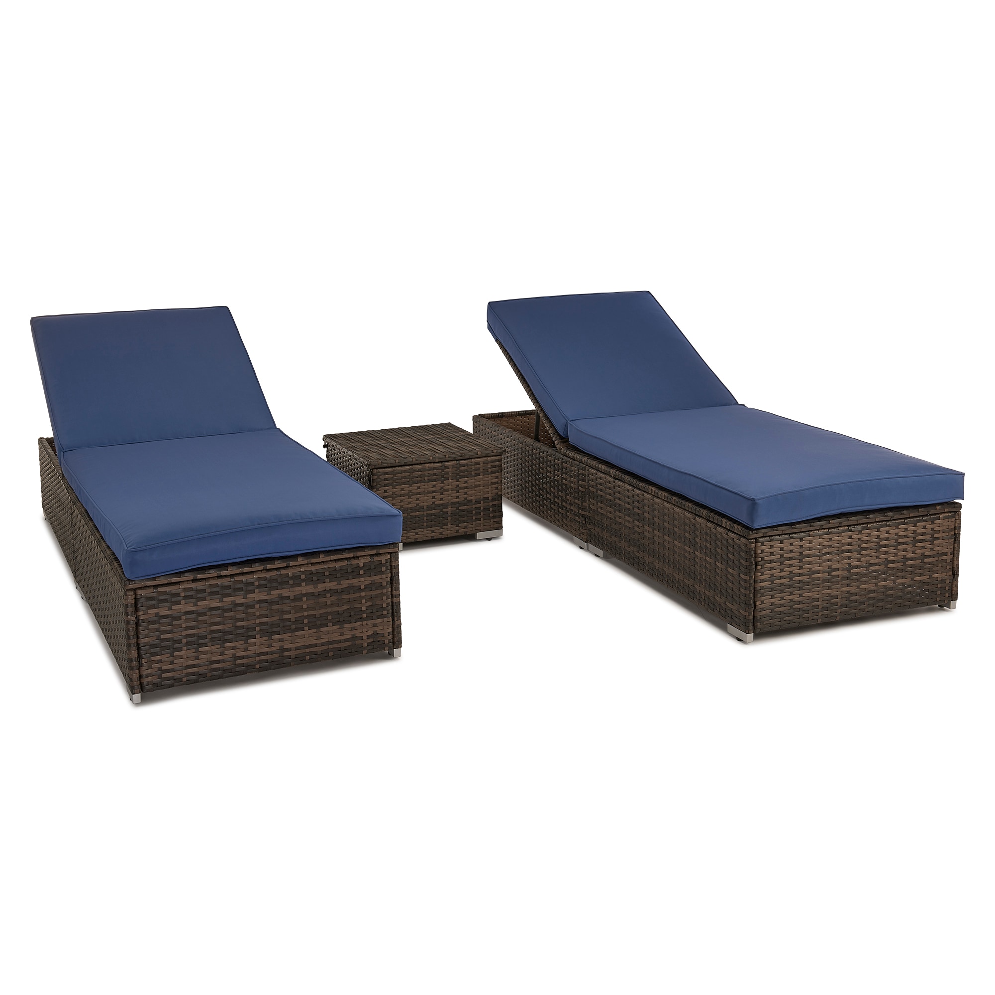 EDYO LIVING CYLS02-BL BestHomeChoice Set of 2 Wicker Brown Metal Frame Stationary Chaise Lounge Chair with Blue EDYO LIVING Cushioned Seat