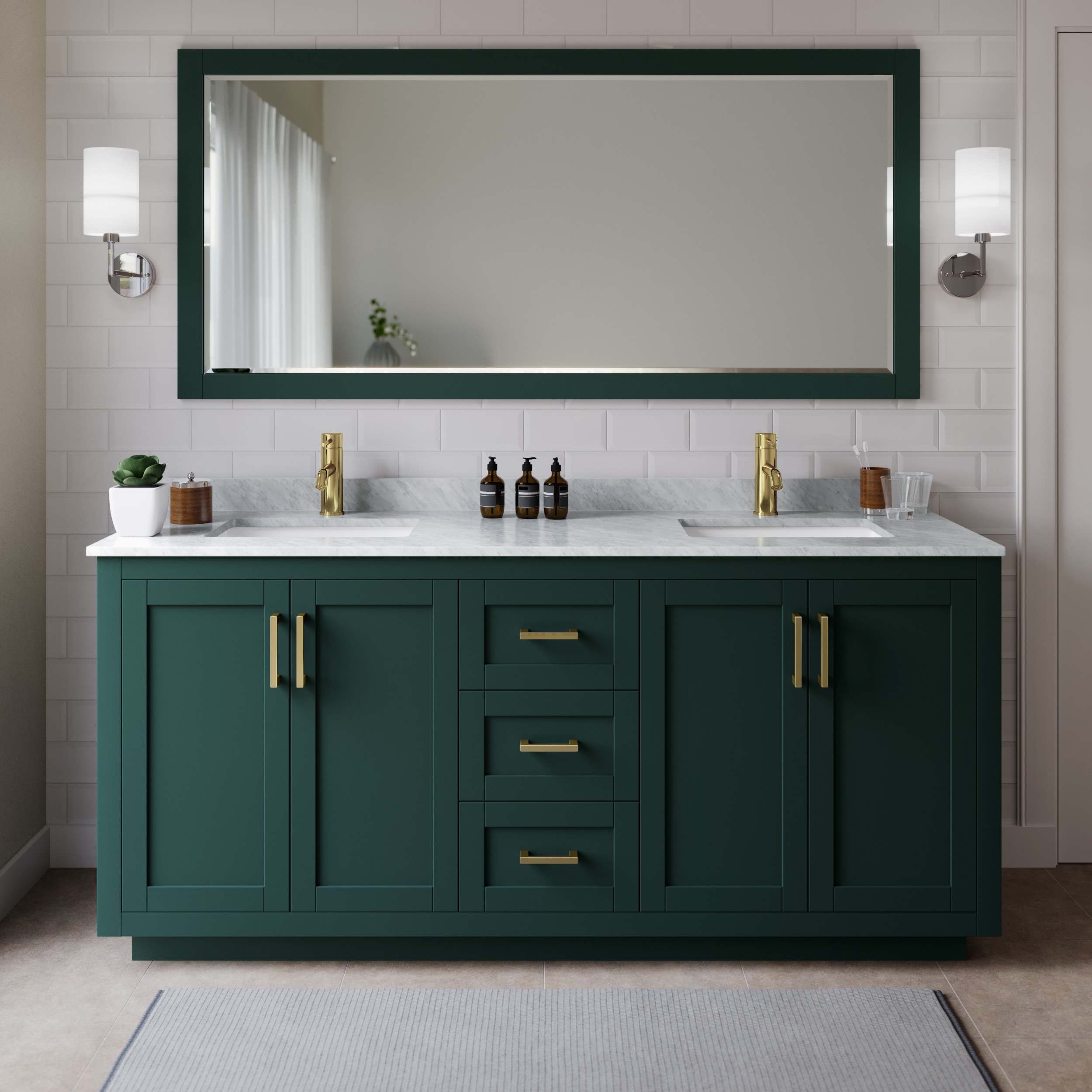 Wyndham Collection WCF292972DGDCMUNSMXX Miranda 72-in Green with Brushed Gold Trim Undermount Double sink Bathroom Vanity with White Carrara Marble Marble Top
