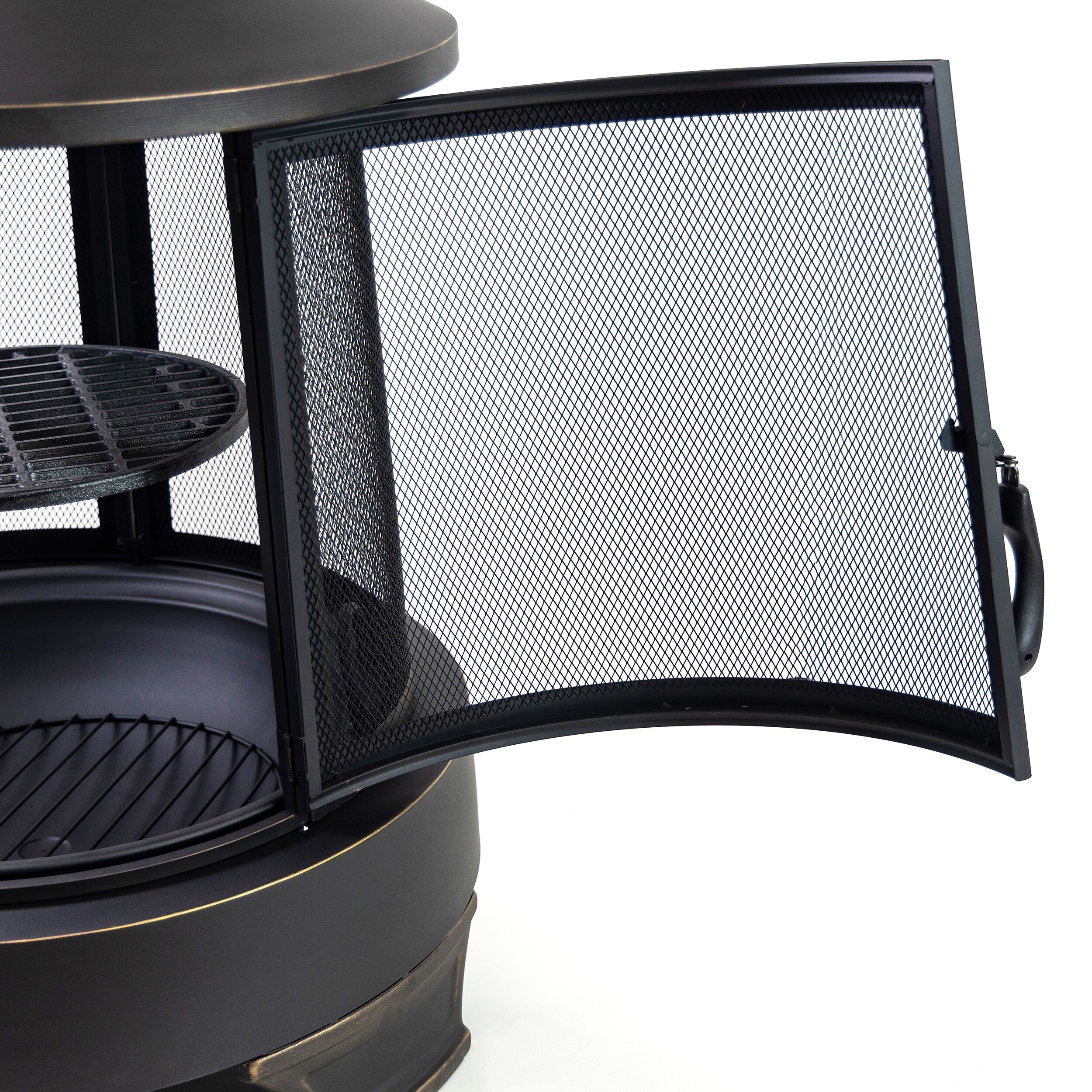 Black Steel Chimney Fire Pit with Cast Iron Grill