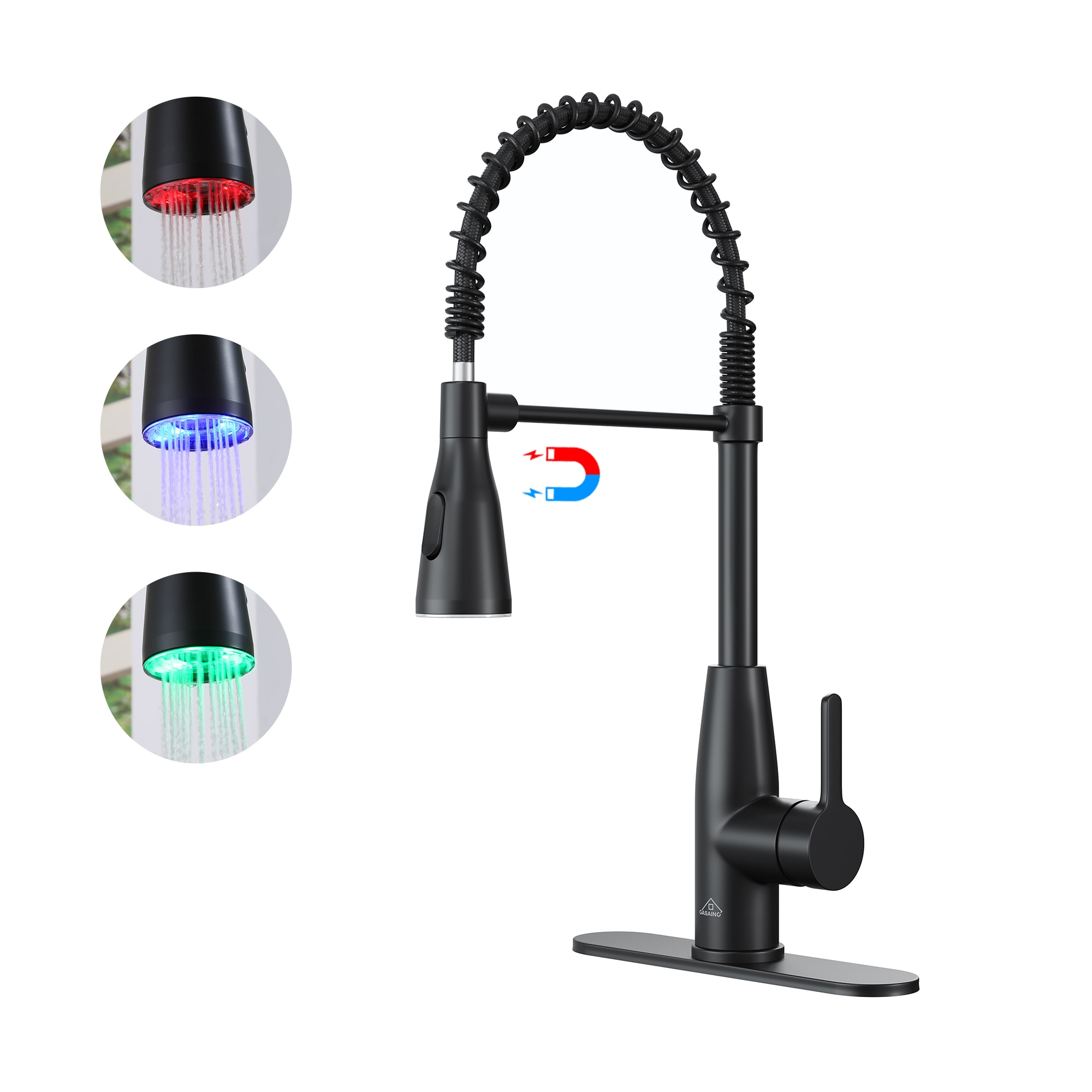 CASAINC KCLT0032MB LED Magnetic Spring Kitchen Faucet Matte black Single Handle Deck-mount Kitchen Faucet with Sprayer ( Deck Plate Included )