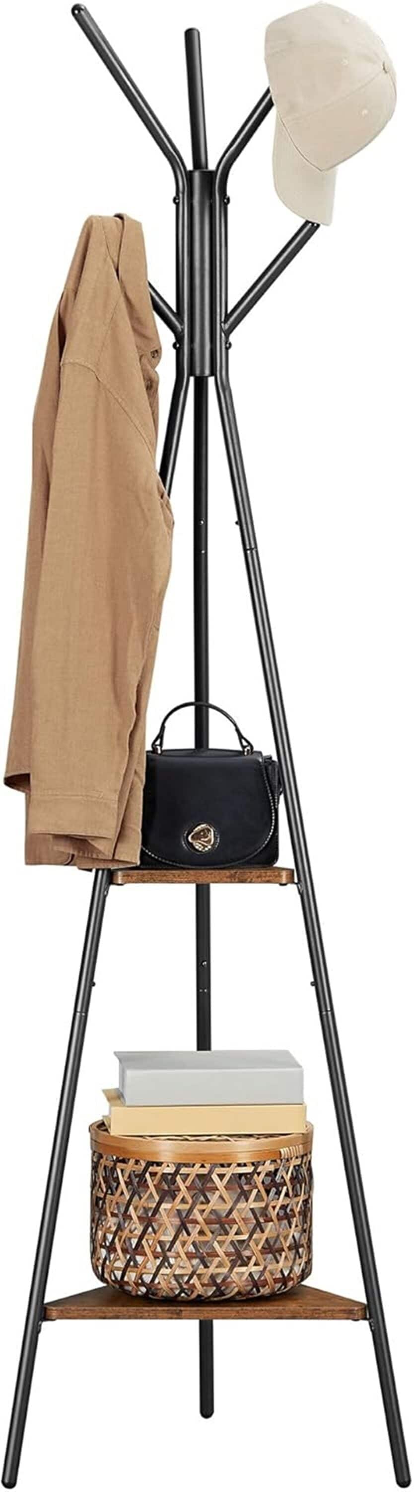 SONGMICS HOME RCR16BXV1 Coat Rack with Stands – Industrial Style Hallway Organizer with 2 Shelves in Rustic Brown and Black