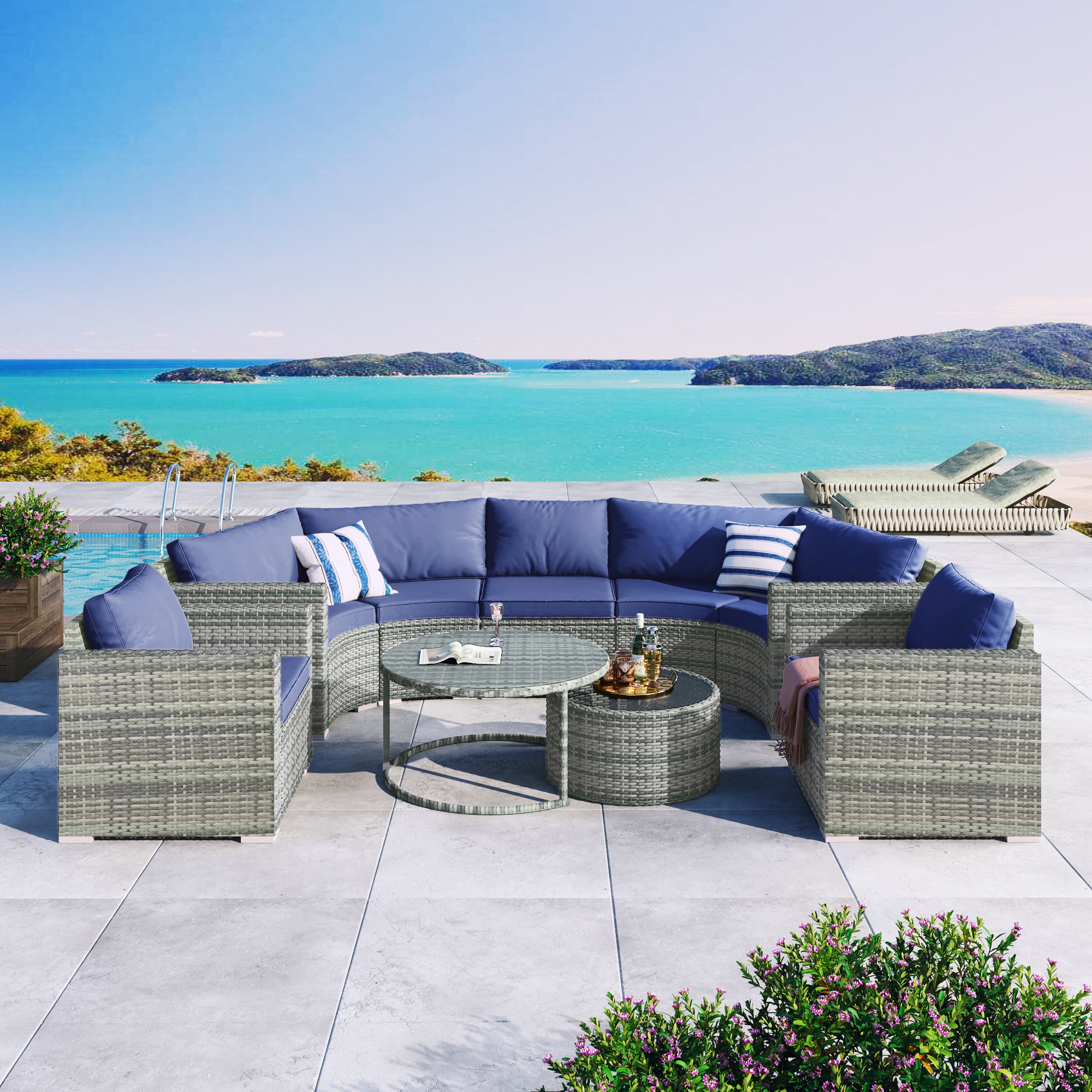 Xspracer ML-PS18C 9 -Piece Wicker 2 Patio Sofa Conversation Set with Blue Cushions