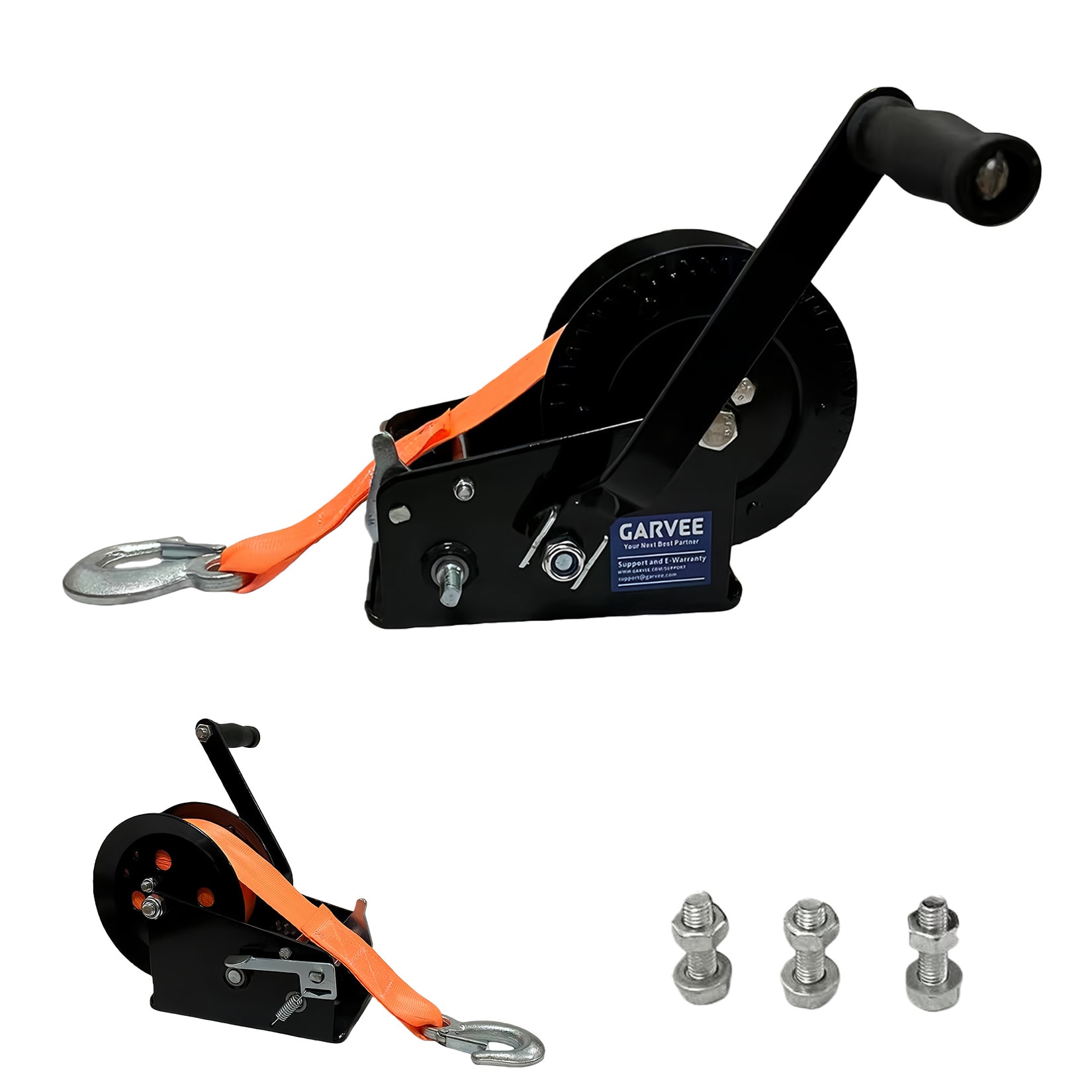Garvee 3500lb Dual Speed Hand Winch for Boat Trailer 33ft Strap 4 1 8 1 Gear Ratio 2 Way Ratchet Heavy Standard Handle for Truck RV ATV Jet Ski Orange