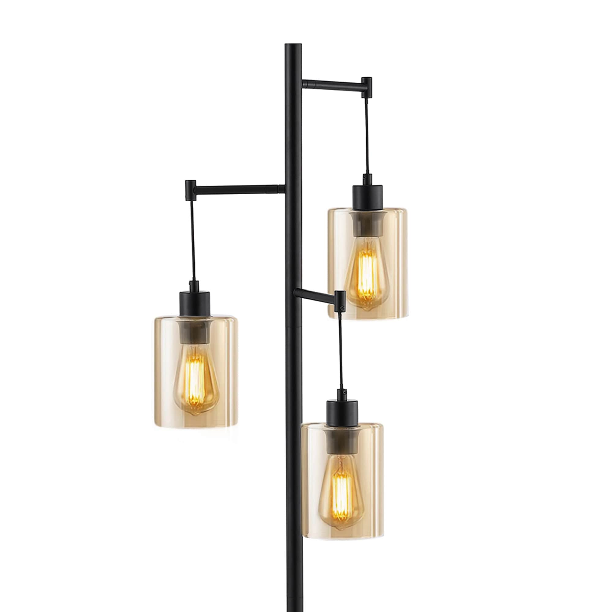 Sleek 69" Black Industrial Multi-Head Tree Floor Lamp with Amber Glass Shades