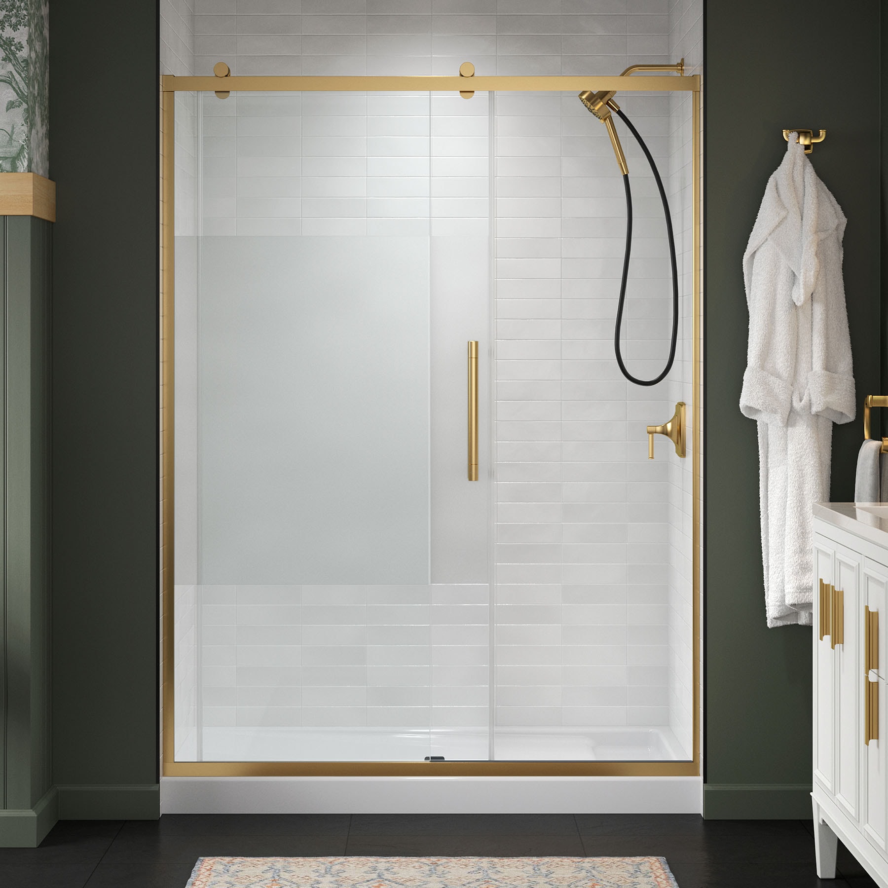 KOHLER 702471-8G81-2MB Premise Vibrant Brushed Moderne Brass 56-in to 60-in W x 76.13-in H Frameless Sliding Soft Close Shower Door 5/16-in Thick Clear Glass