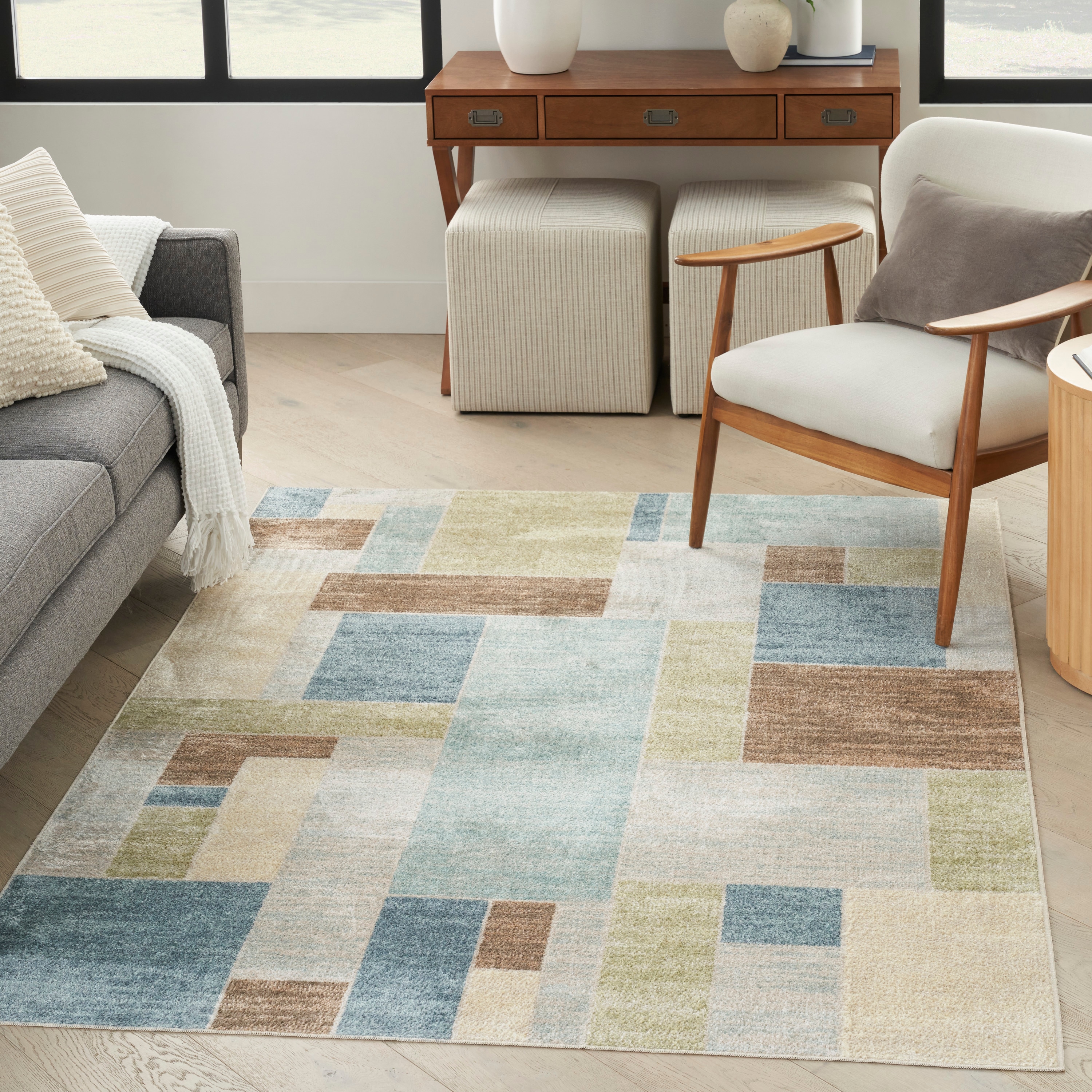 Nourison Home 099446944429 Astra Machine Washable 4 x 6 (ft) Loomed Polyester Blue Green Multi Rectangular Indoor Geometric Mid-Century Modern Machine washable Area rug