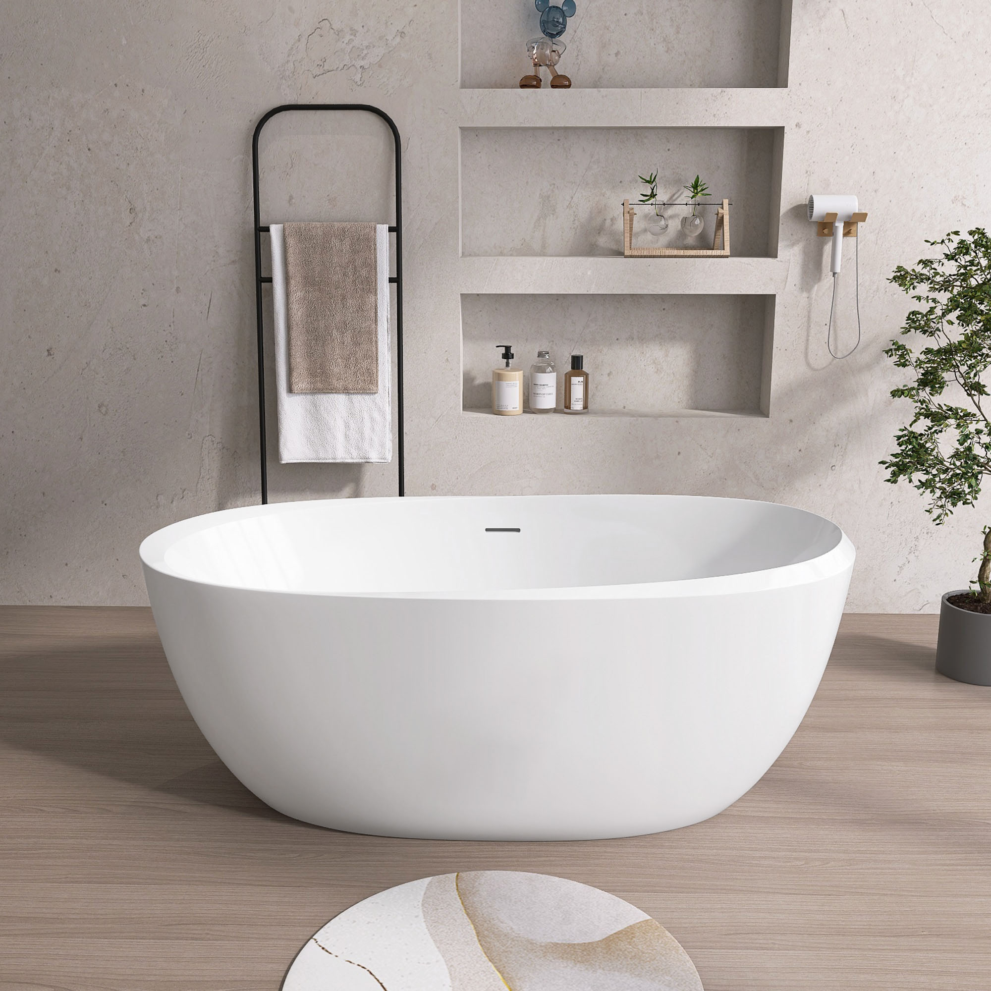 CASAINC CAS460W Bathtub 29.5-in x 59-in Gloss White Acrylic Oval Freestanding Soaking Bathtub with Drain ( Center Drain )