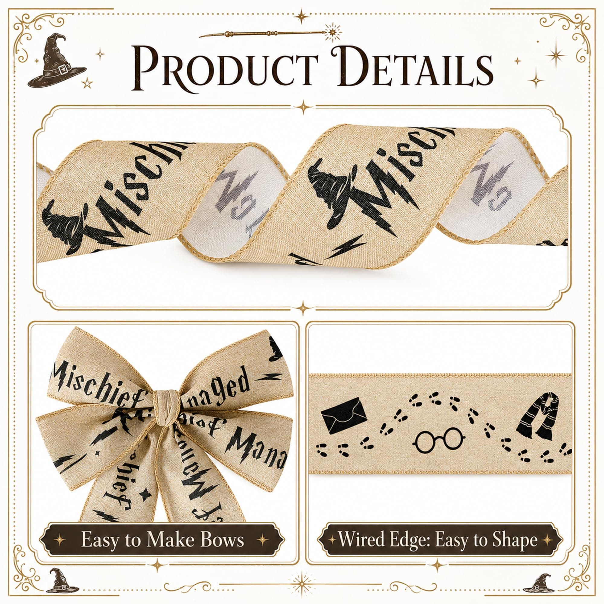 B&W Wizard Theme Wired Ribbon 3 Rolls 6 Yards Each 2.5 in Wide Vintage ...