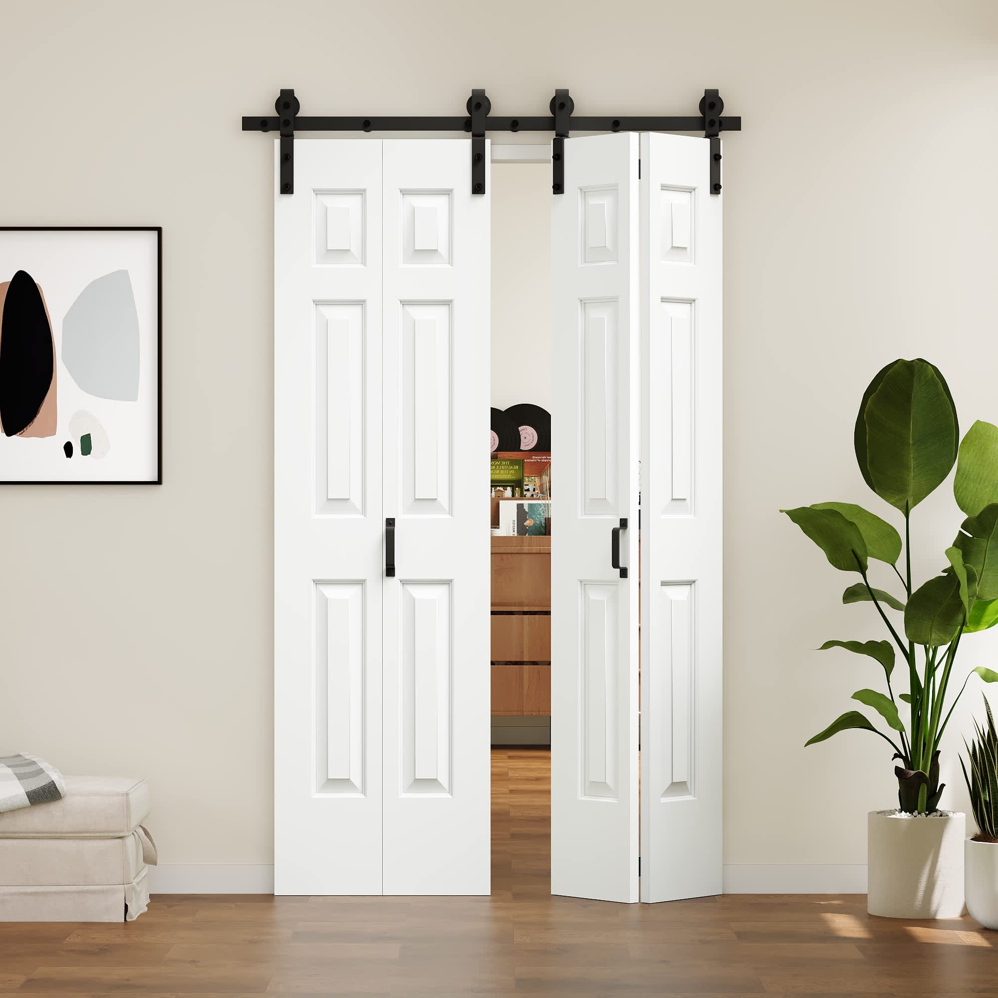 Ark Design 6 Paneled White Finished Composite MDF Bi-Fold Sliding Barn Door with Hardware Kit 48-in x 84-in
