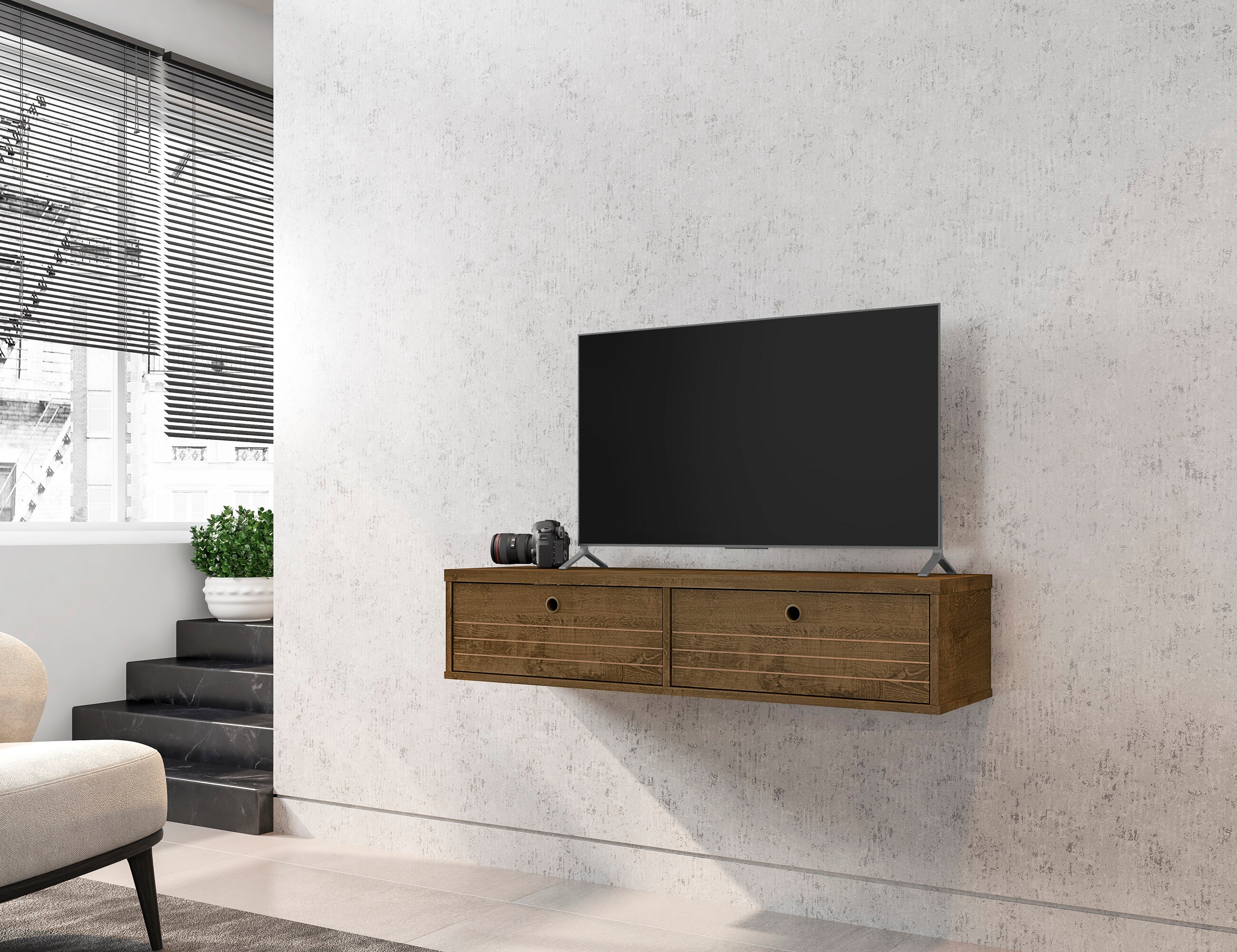 LED Floating Entertainment Center Wood TV Stand Wall Mount Unit