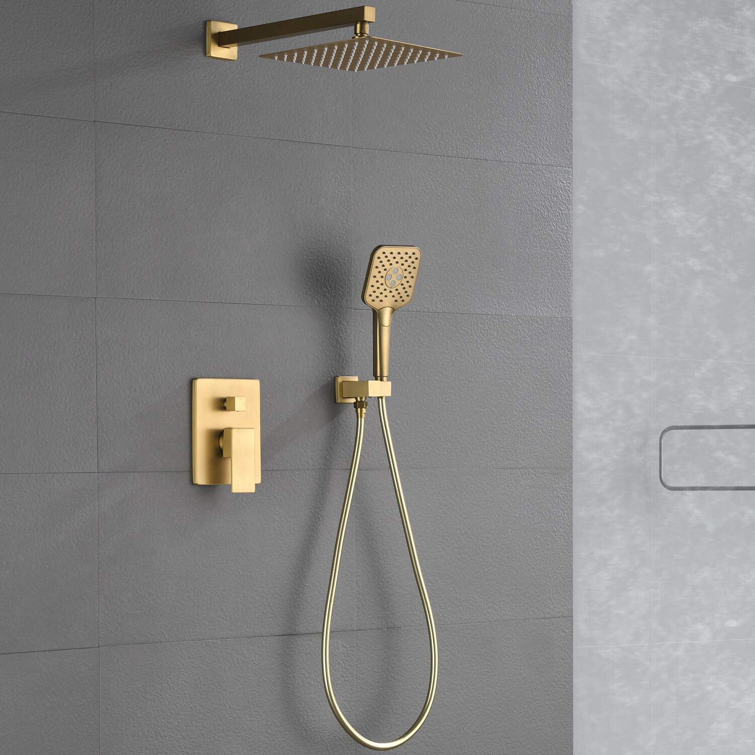 Burnished Brass gold shower head set 250 mm DIA round wall ceiling arm handle up 