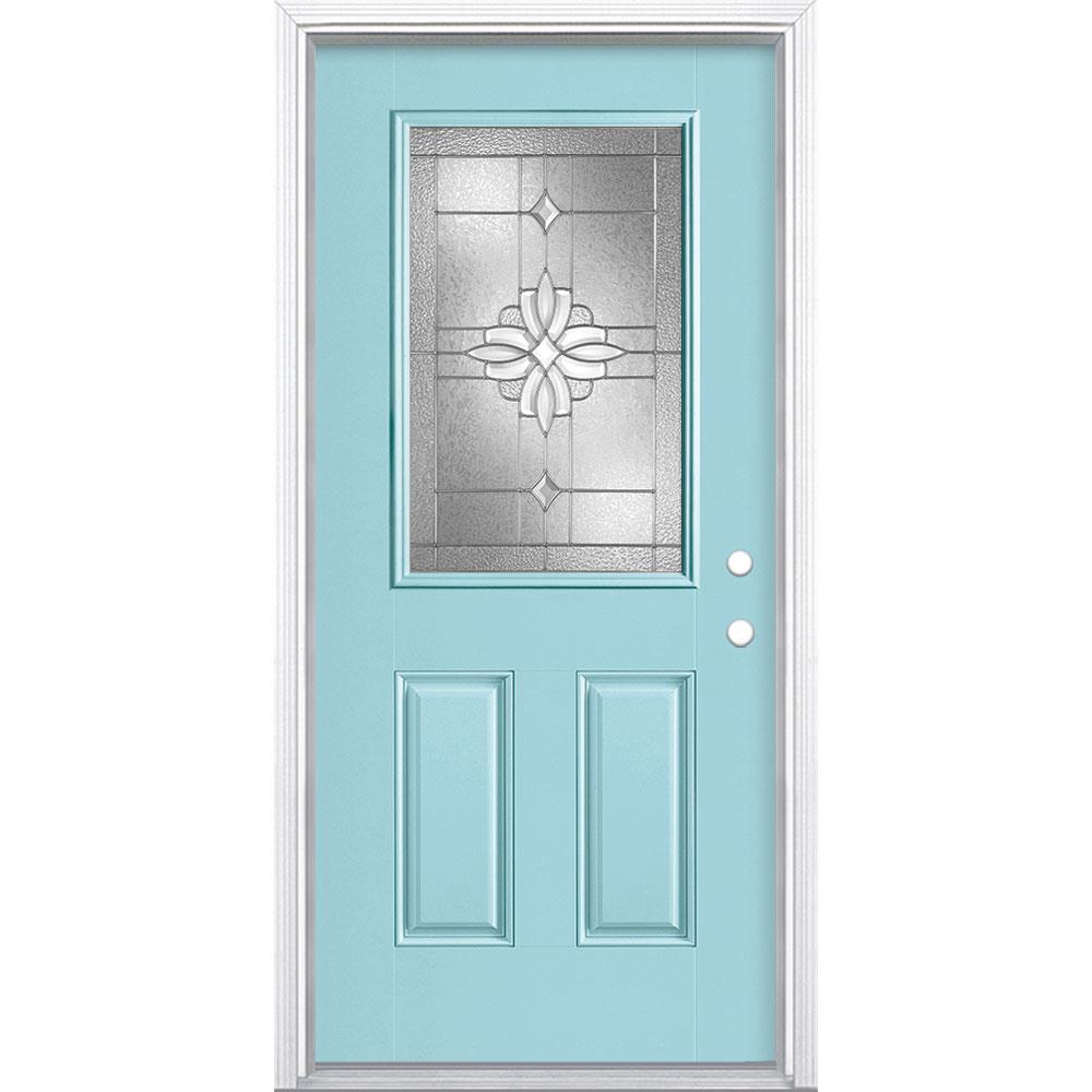 Masonite 997091 Laurel 36-in x 80-in Fiberglass Half Lite Left-Hand Inswing Caribbean Blue Painted Single Front Door with Brickmould Insulating Core