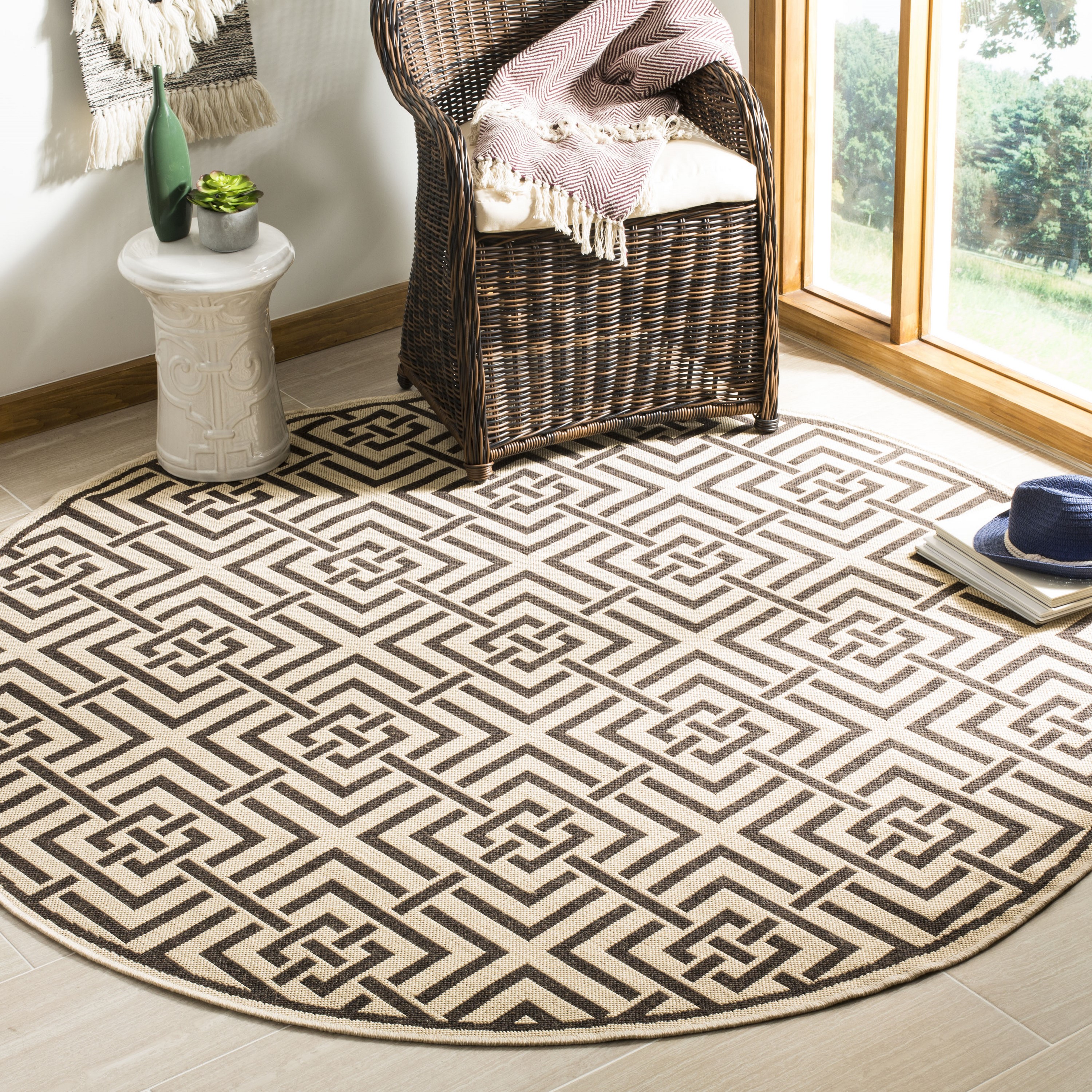 Safavieh LND128U-6R Linden Heather 6 x 6 (ft) Loomed Polypropylene Creme/Brown Round Indoor Abstract Coastal Area rug