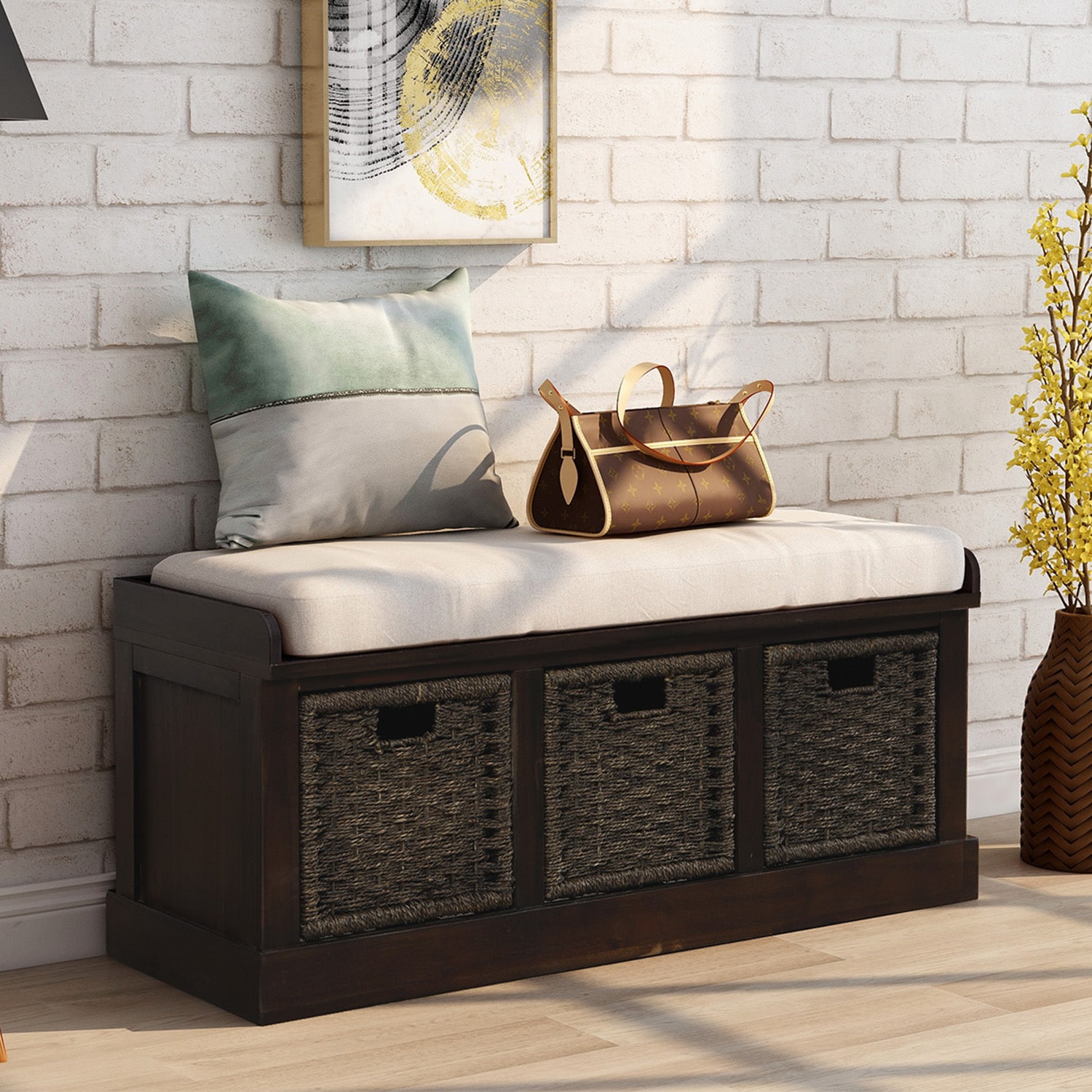ModernLuxe WF193443AAB Rustic Storage Bench with 3 Removable Classic Rattan Basket  Entryway Bench with Removable Cushion Espresso