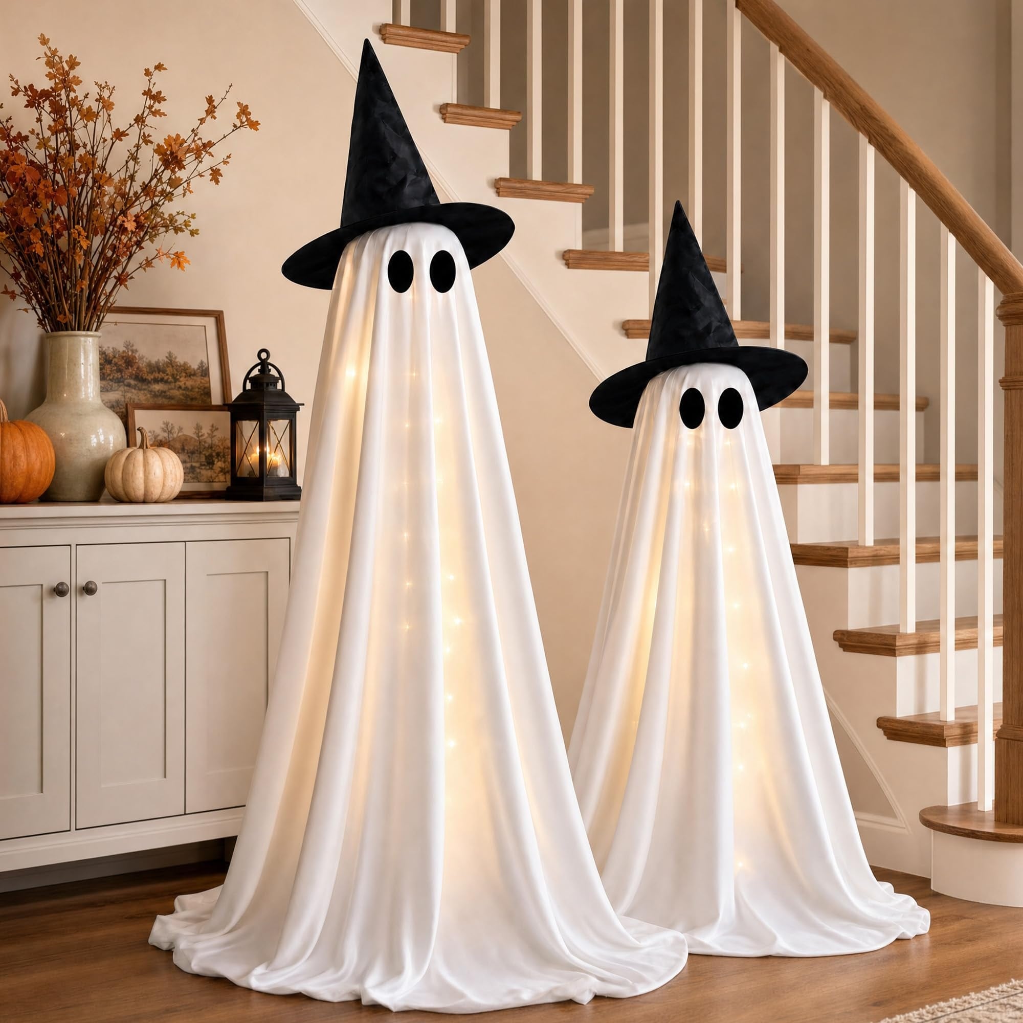 OGETFUUR 2-Pack White Light Up Ghost Halloween Decorations with 2.4-4.5FT Adjustable Size for Indoor Outdoor Yard Display featuring Warm White Glow and Easy Setup