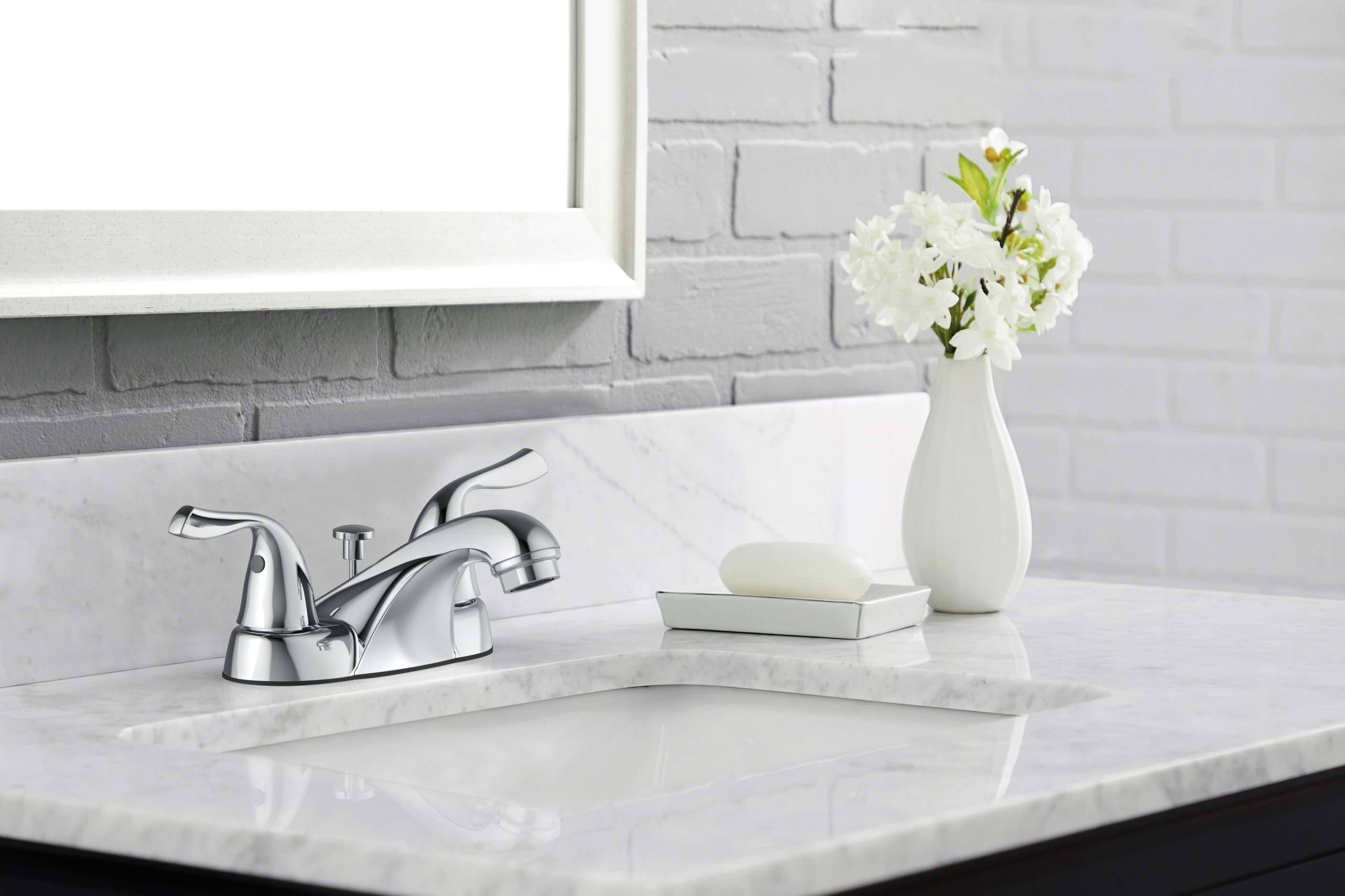 Project Source 67223W-6101 Polished Chrome 4-in centerset 2-handle WaterSense Low-arc Residential Handle Bathroom Sink Faucet with Drain with Deck Plate
