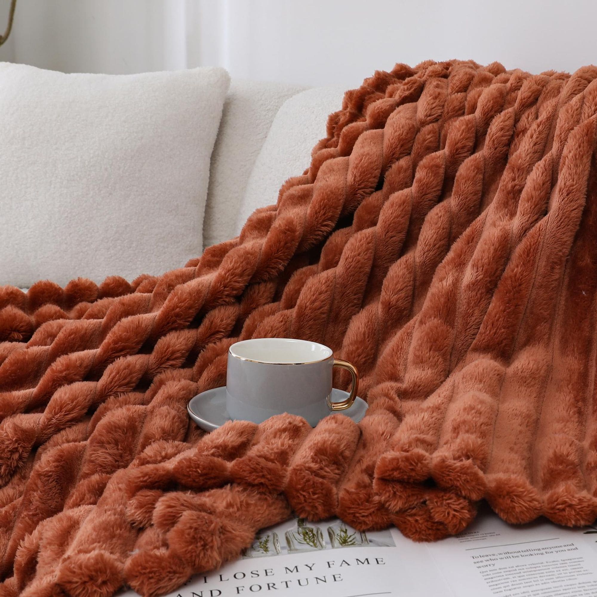 KATE AURORA Modern Lux Ultra Soft and Plush Ribbed Accent Throw Blanket 50 in W x 60 in L Pumpkin
