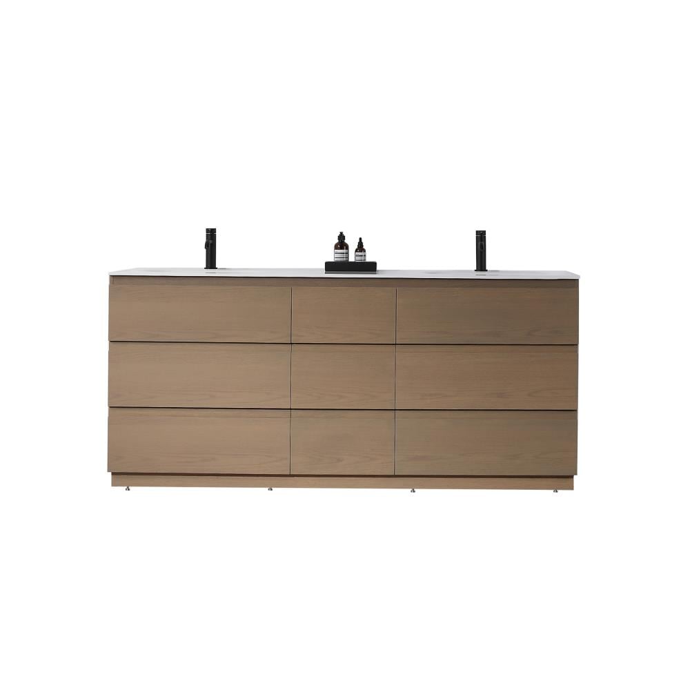 CARTISAN DESIGN VAROTGO72FD Phaethon 72-in Golden Oak Double sink Bathroom Vanity with Gloss White Solid surface Top