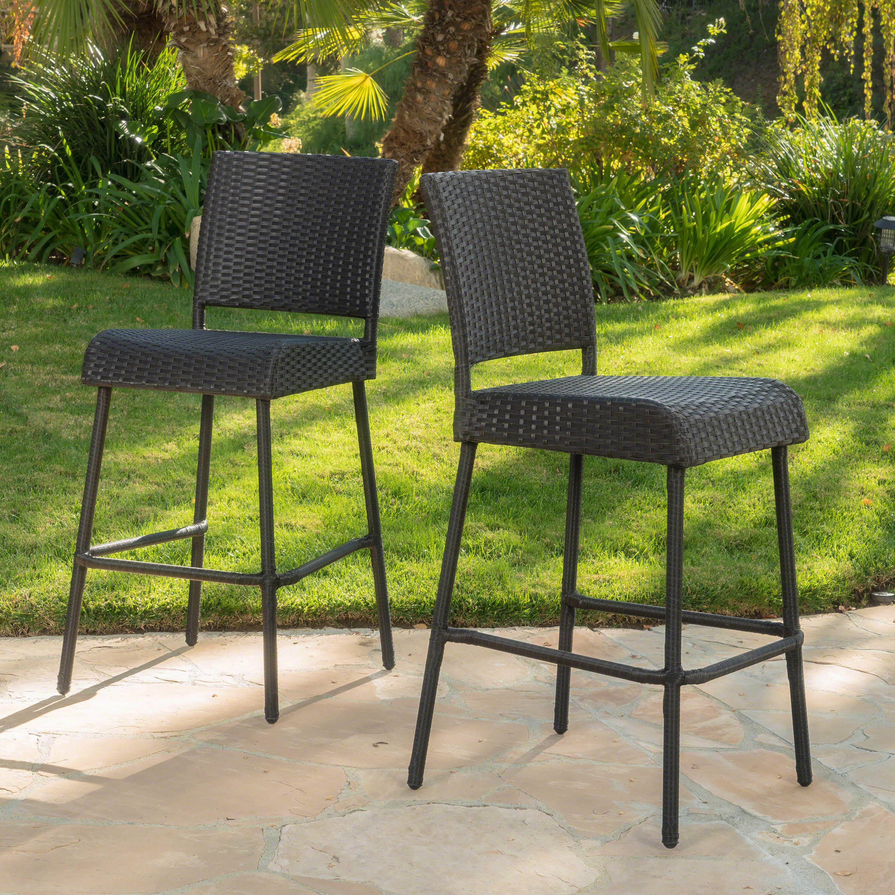 Moda Furnishings MD59265-DBN Classic Set of 2 Wicker Brown Iron Frame Stationary Bar Stool Chair with Solid Seat