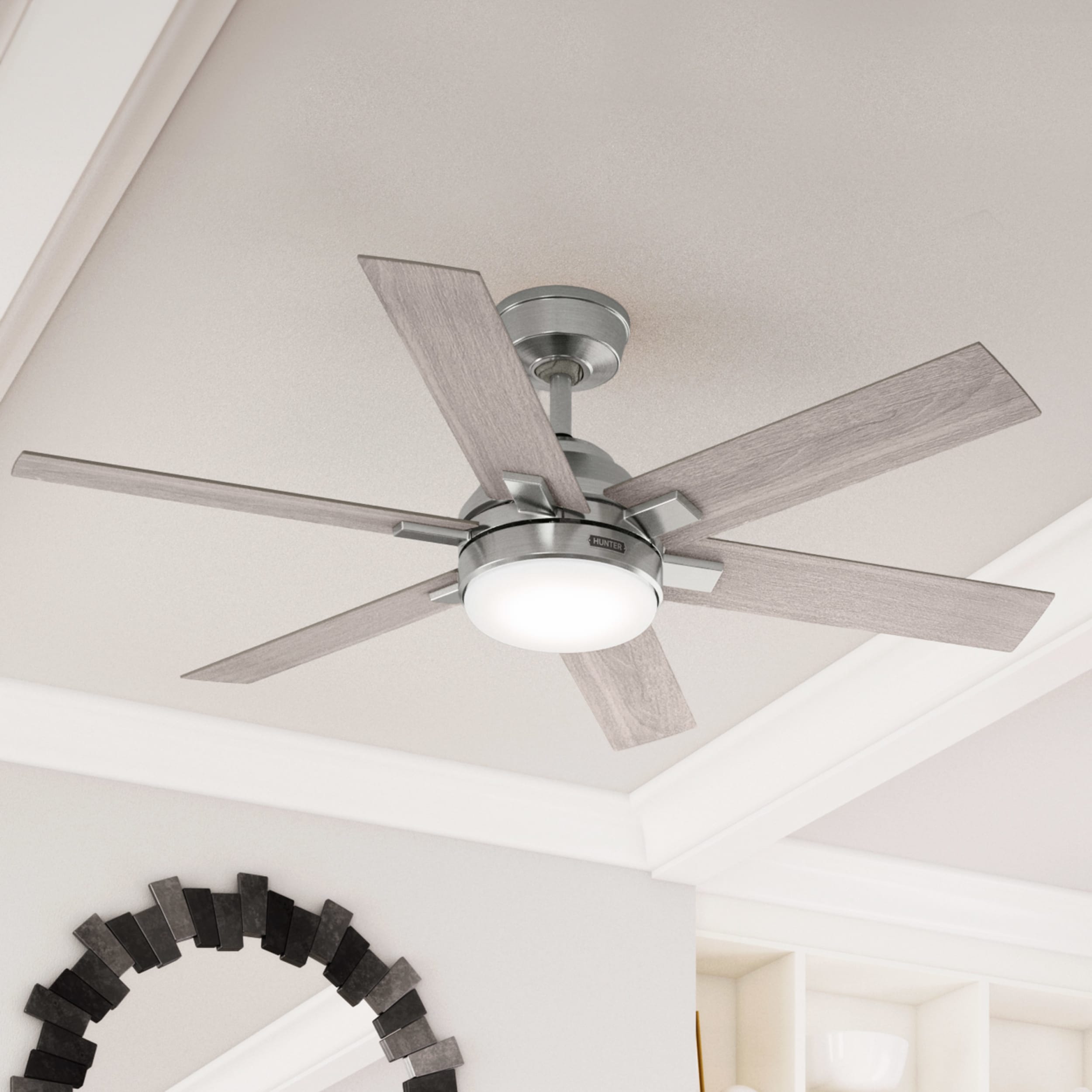 Hunter 52785 Georgetown 52-in Integrated LED Brushed Nickel with Light Gray Oak Blades Ceiling Fan With Light - Remote Included ( 5 -Blade )