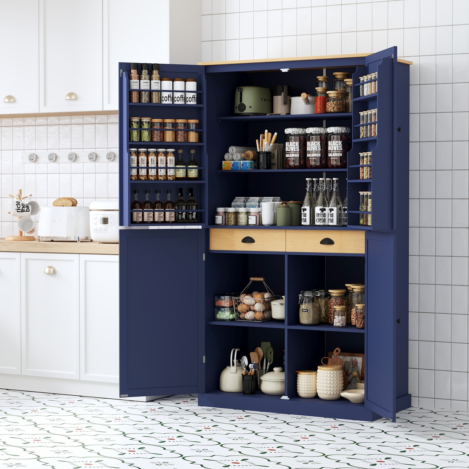 GlasFlength  71 Inch Freestanding Kitchen Pantry Cabinet with 2 Drawers Adjustable Shelves and Door Shelves Large Storage for Kitchen and Dining Room Blue