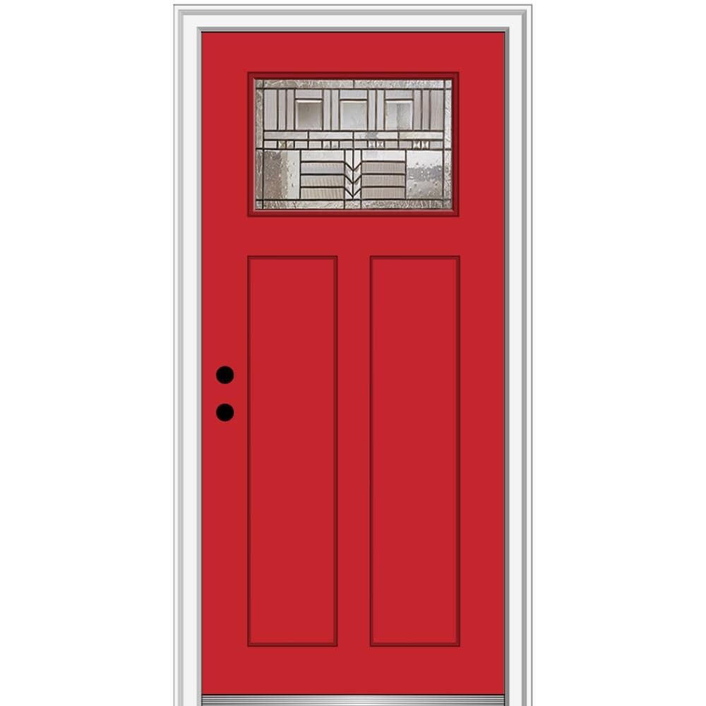 MMI DOOR ZZ3664282R 32-in x 80-in x 4-9/16-in Fiberglass Craftsman Right-hand inswing Red Saffron Painted Prehung Front Door with Brickmould Insulating core