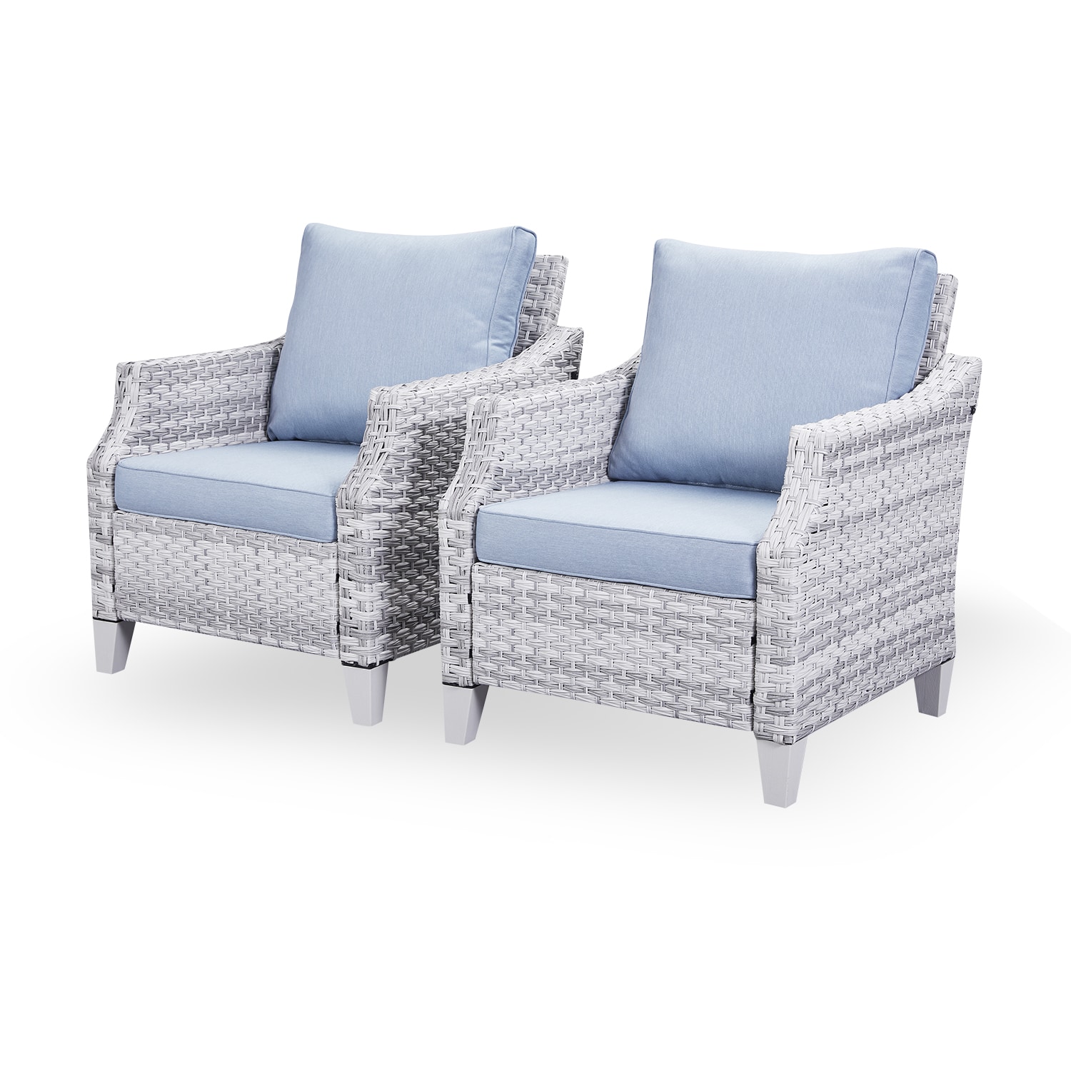 Rilyson FS051-1 Bite Set of 2 Wicker Grey Wicker Frame Stationary Conversation Chair with Light blue Light blue Cushioned Seat
