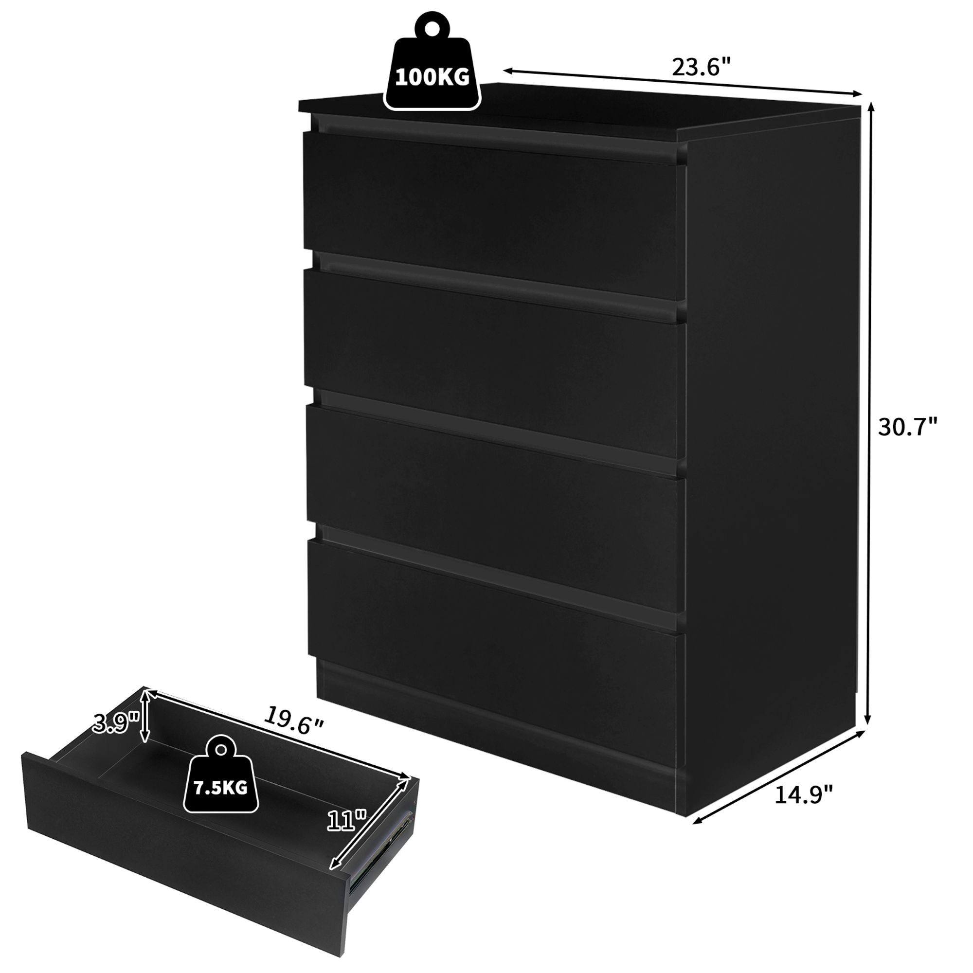 Winado 4 Drawer Black Particle Board 23.62 inch W Chest of Drawer in ...