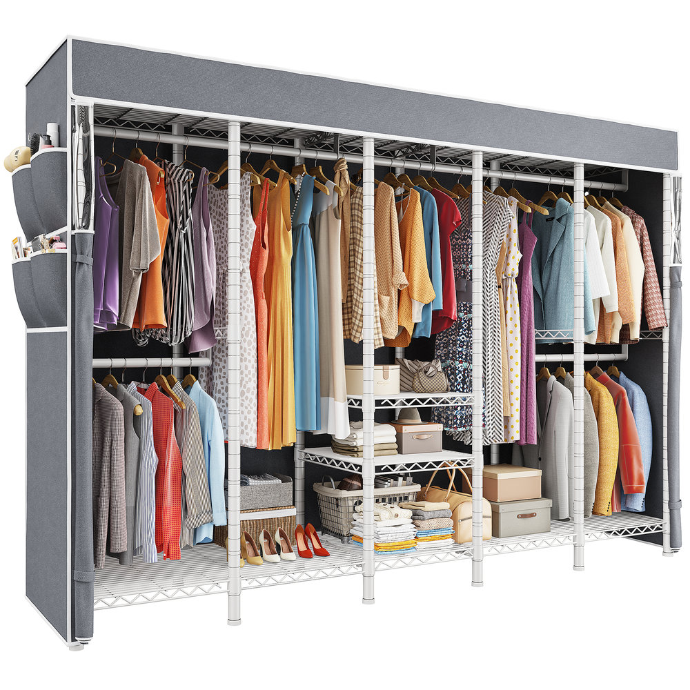 Raybee Clothes Rack With Cover 88 Inches Width Portable Closet Organizer Adjustable Garment Rack With 7 Rods For Bedroom Cloakroom Load 1200LBS White