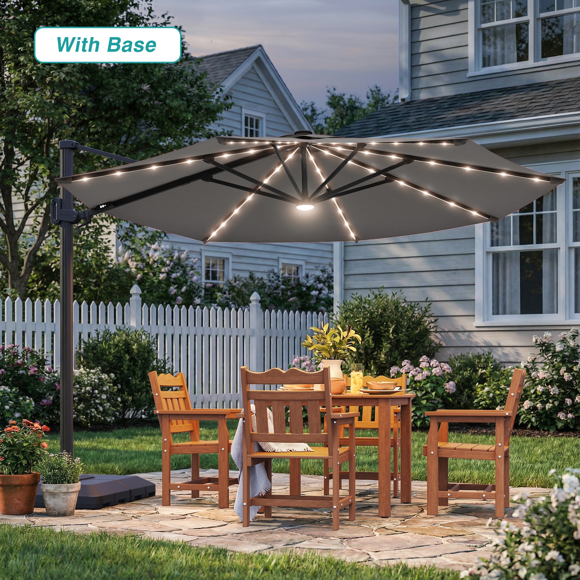 ACEGOSES - 11-ft Aluminum Gray Slide-tilt Cantilever Patio Umbrella with Lights with Base