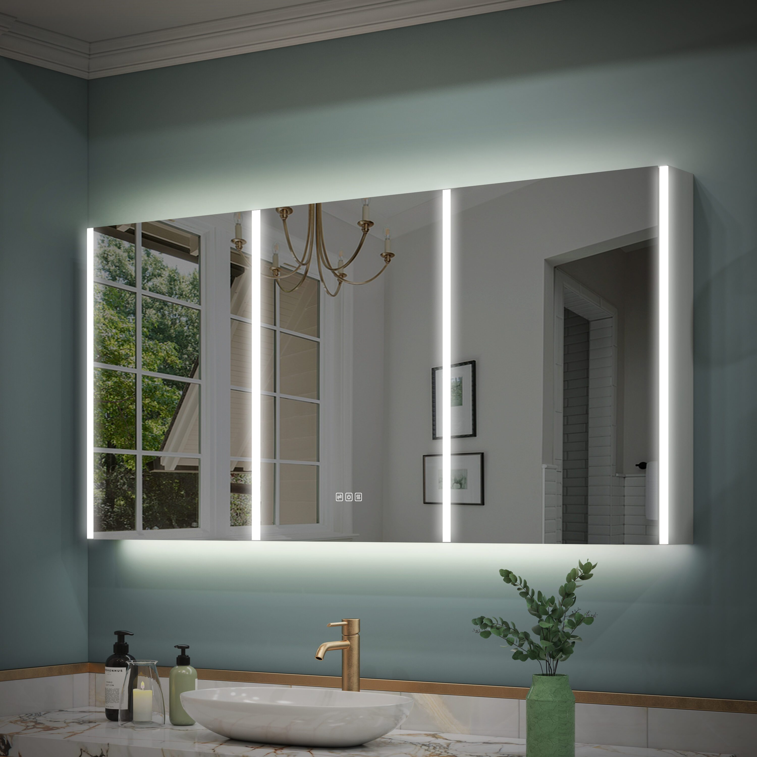 WELLFOR W14MCL6030 CHIC LED Mirrored Medicine Cabinet 60-in x 30-in Lighted LED Fog Free Surface Mount Silver Mirrored Rectangle Soft Close Medicine Cabinet with Outlet