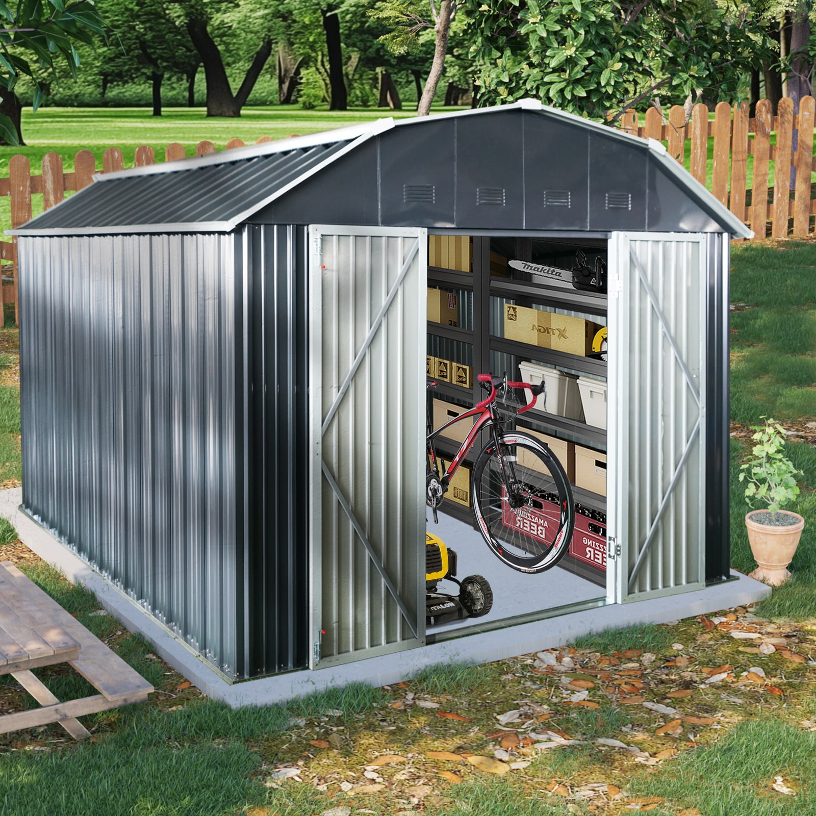 LOVMOR 10ftx12ft Outdoor Metal Storage Shed Arch Roof Lockable Doors Backyard Garden Patio Lawn Black one_size | SF-WO-W540S00038