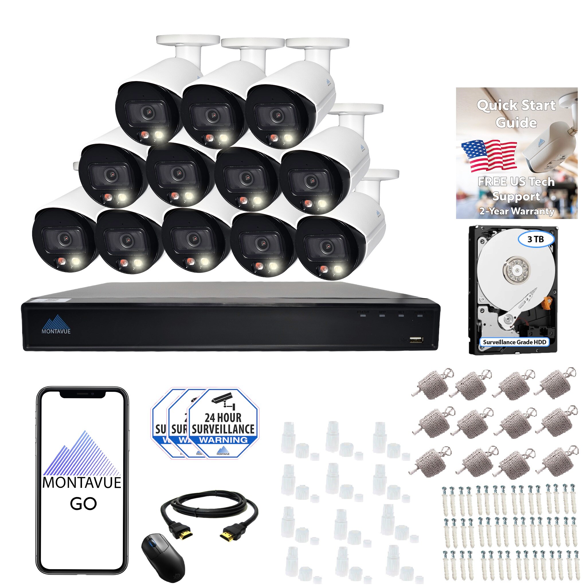 Montavue MTIP4163-12-4095B-W 16 Channel Security Camera System with 12 Smart Illumination 4MP AI Audio Bullet Cameras